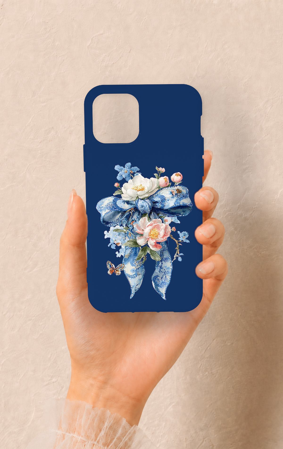 iPhone 11 Pro Uyumlu Mavi Kurdeleli Çiçek Desenli Silikon Kılıf