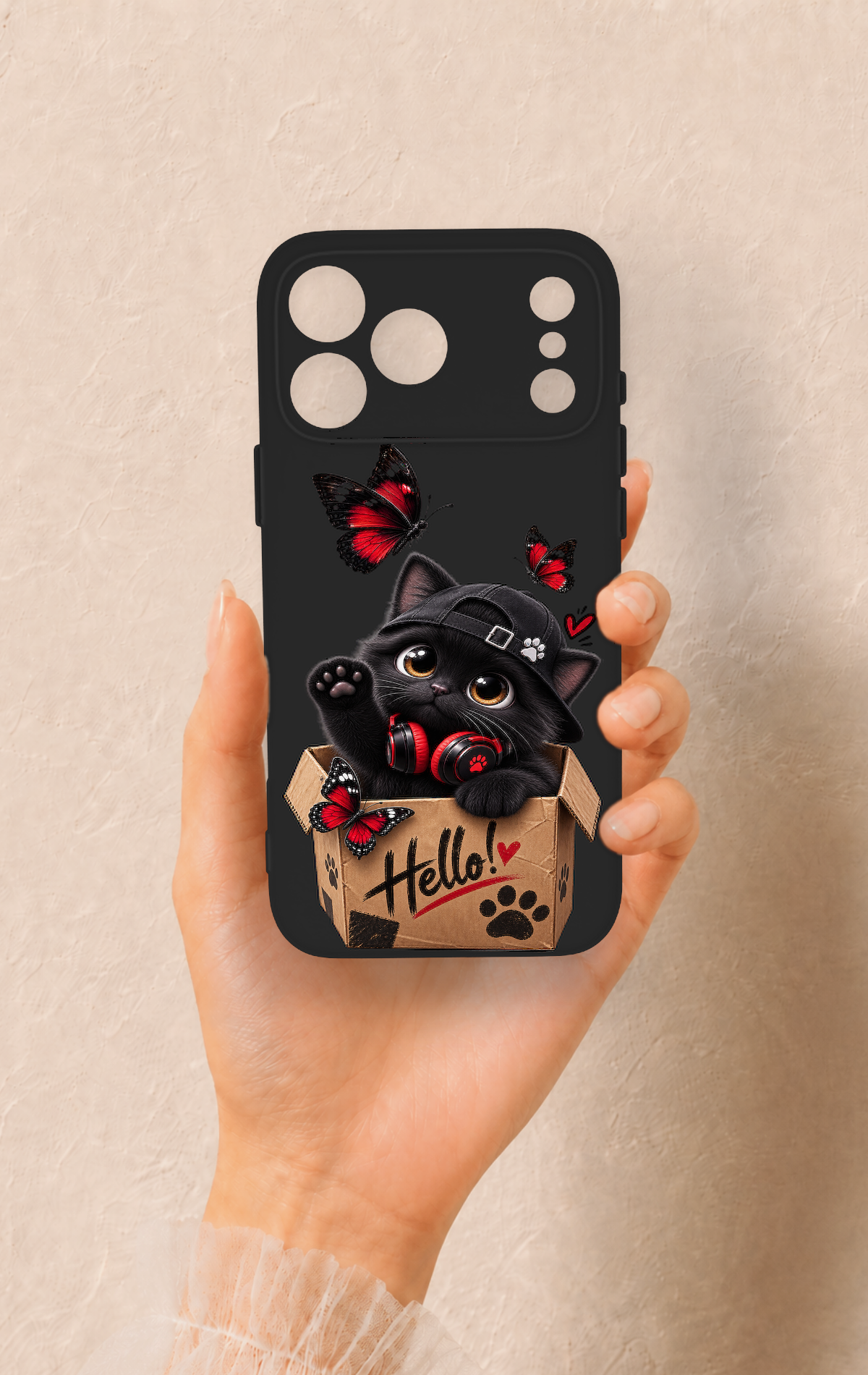 iPhone 17 Pro Max Uyumlu Hello Cat Desenli Silikon Kılıf