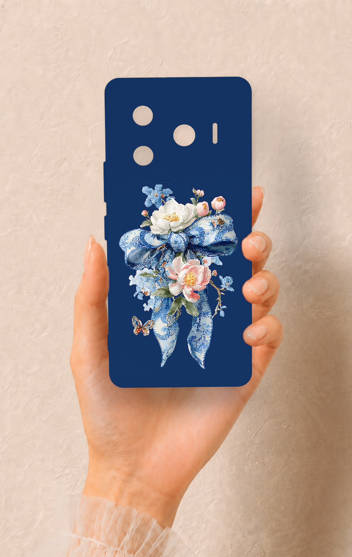 Tecno Camon 30 Pro 5G Uyumlu Mavi Kurdeleli Çiçek Desenli Silikon Kılıf