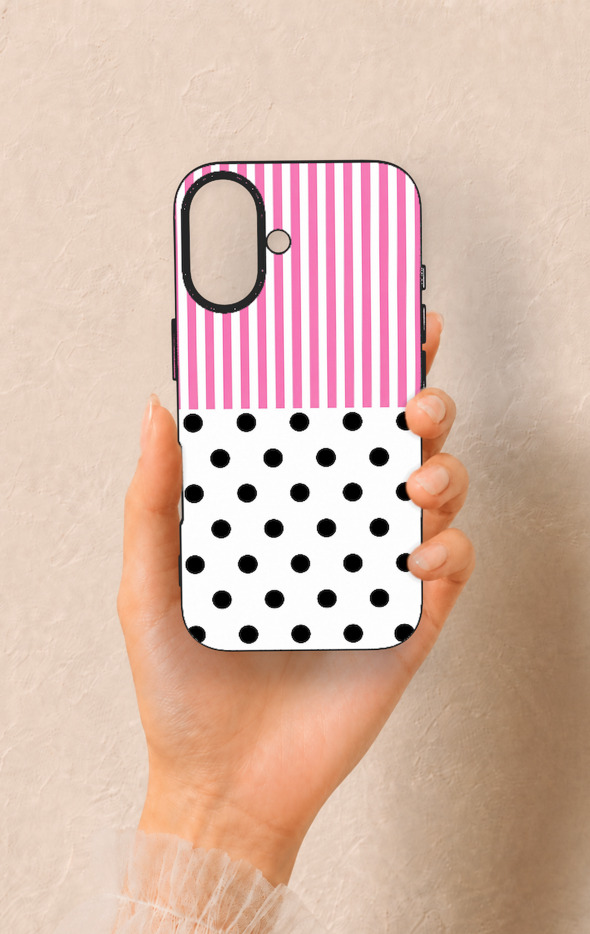 iPhone 16 Uyumlu Pembe Çizgili Puantiye Desenli Silikon Kılıf