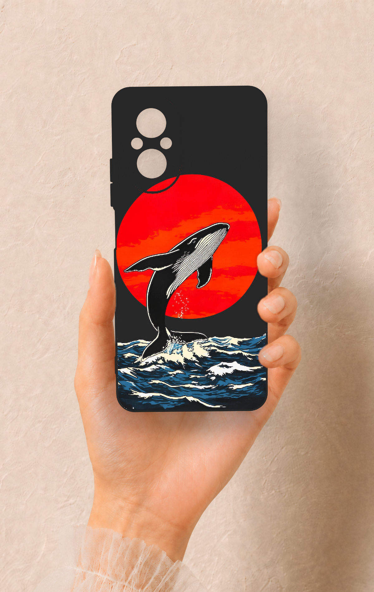 Realme 12 Lite Uyumlu Kırmızı Güneş Balina Desenli Silikon Kılıf