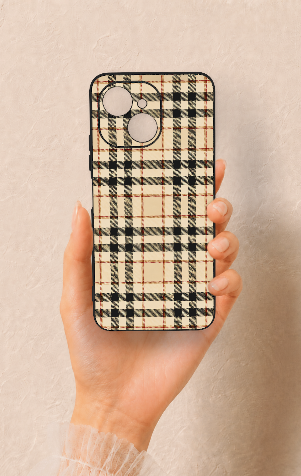 Tecno Spark 40C Uyumlu Karamel Siyah Ekose Desenli Silikon Kılıf