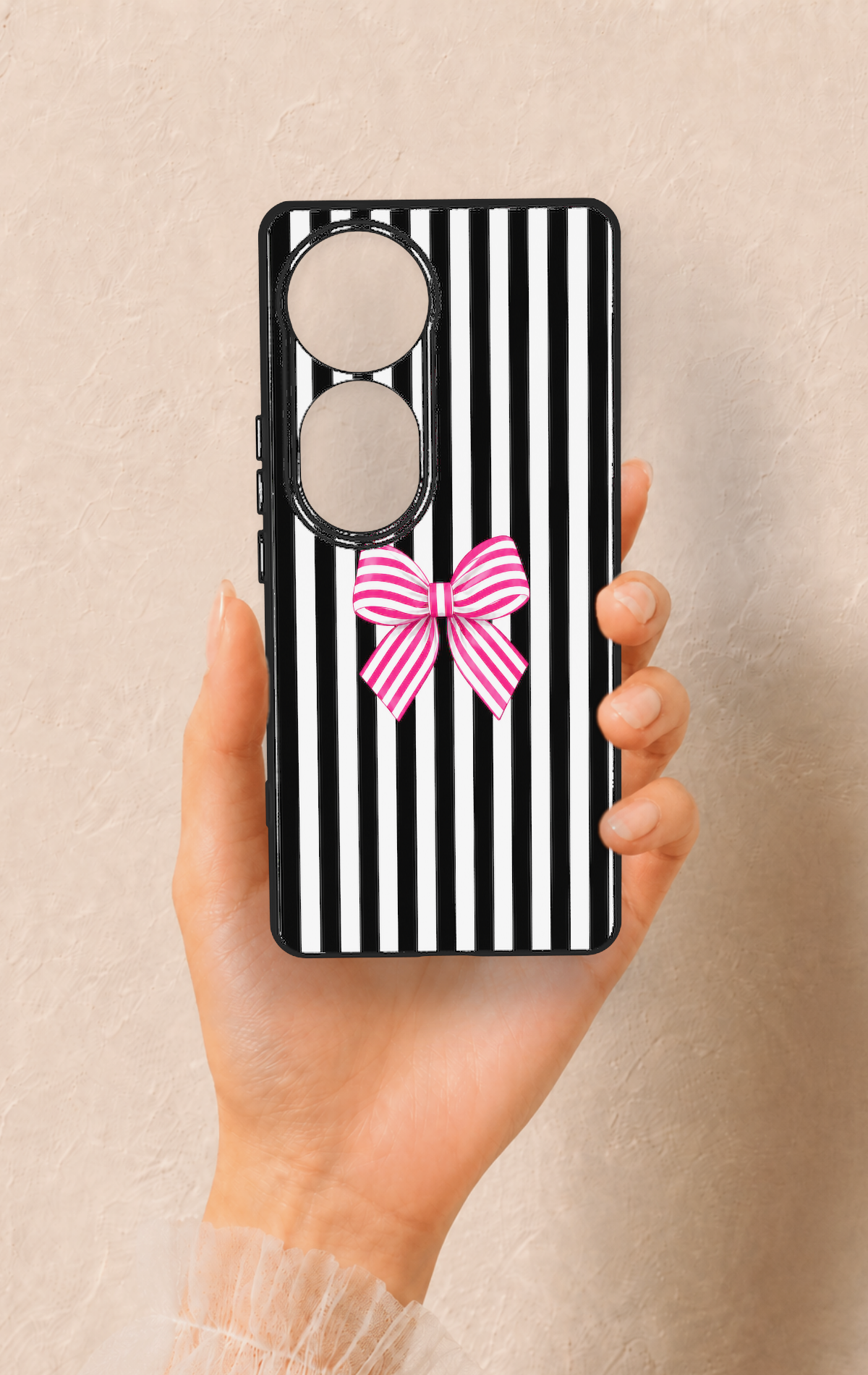Vivo V40 Uyumlu Pembe Beyaz Kurdele Desenli Silikon Kılıf