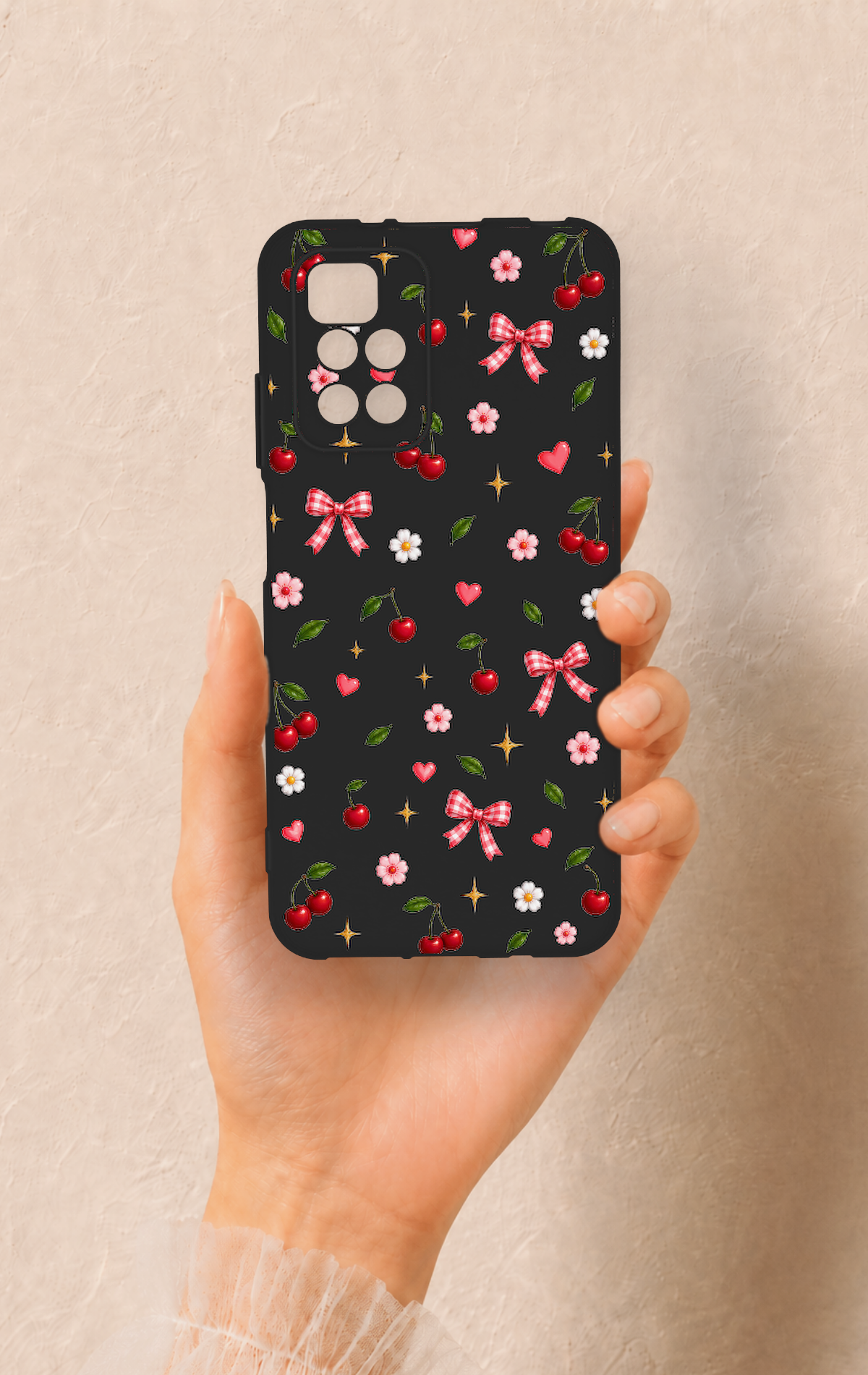 Redmi 10 2022 Uyumlu Papatya Kiraz Fiyonk Desenli Silikon Kılıf