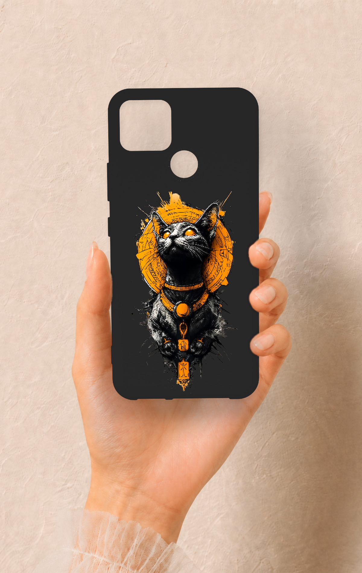 Realme C25 Uyumlu Mısırlı Kedi Tanrısı Desenli Silikon Kılıf