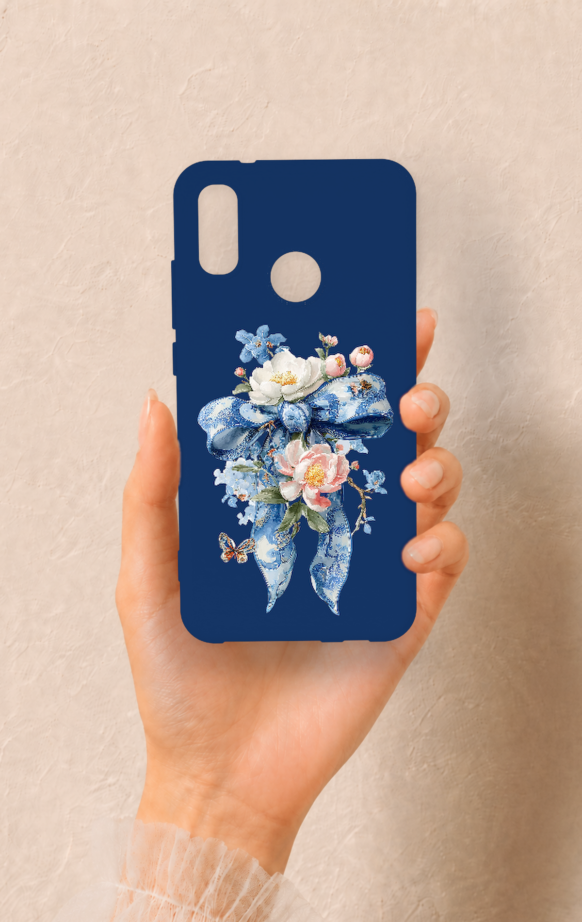 Huawei P20 Lite Uyumlu Mavi Kurdeleli Çiçek Desenli Silikon Kılıf