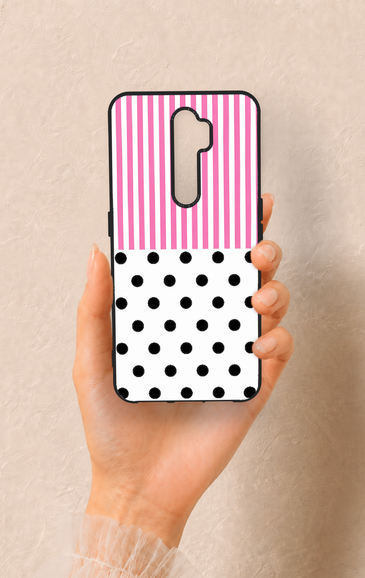 Oppo A5 2020 Uyumlu Pembe Çizgili Puantiye Desenli Silikon Kılıf
