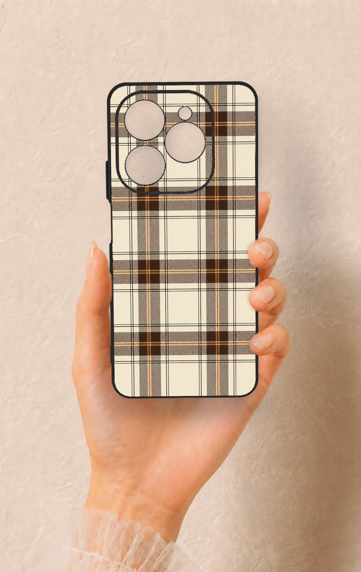 Tecno Spark 20 Pro Uyumlu Bej Kahverengi Ekose Desenli Silikon Kılıf