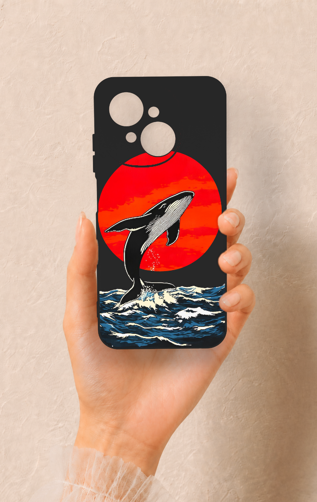 Tecno Spark Go1 Uyumlu Kırmızı Güneş Balina Desenli Silikon Kılıf