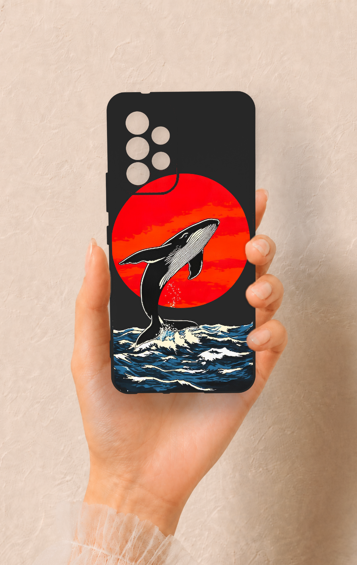 Samsung A53 Uyumlu Kırmızı Güneş Balina Desenli Silikon Kılıf