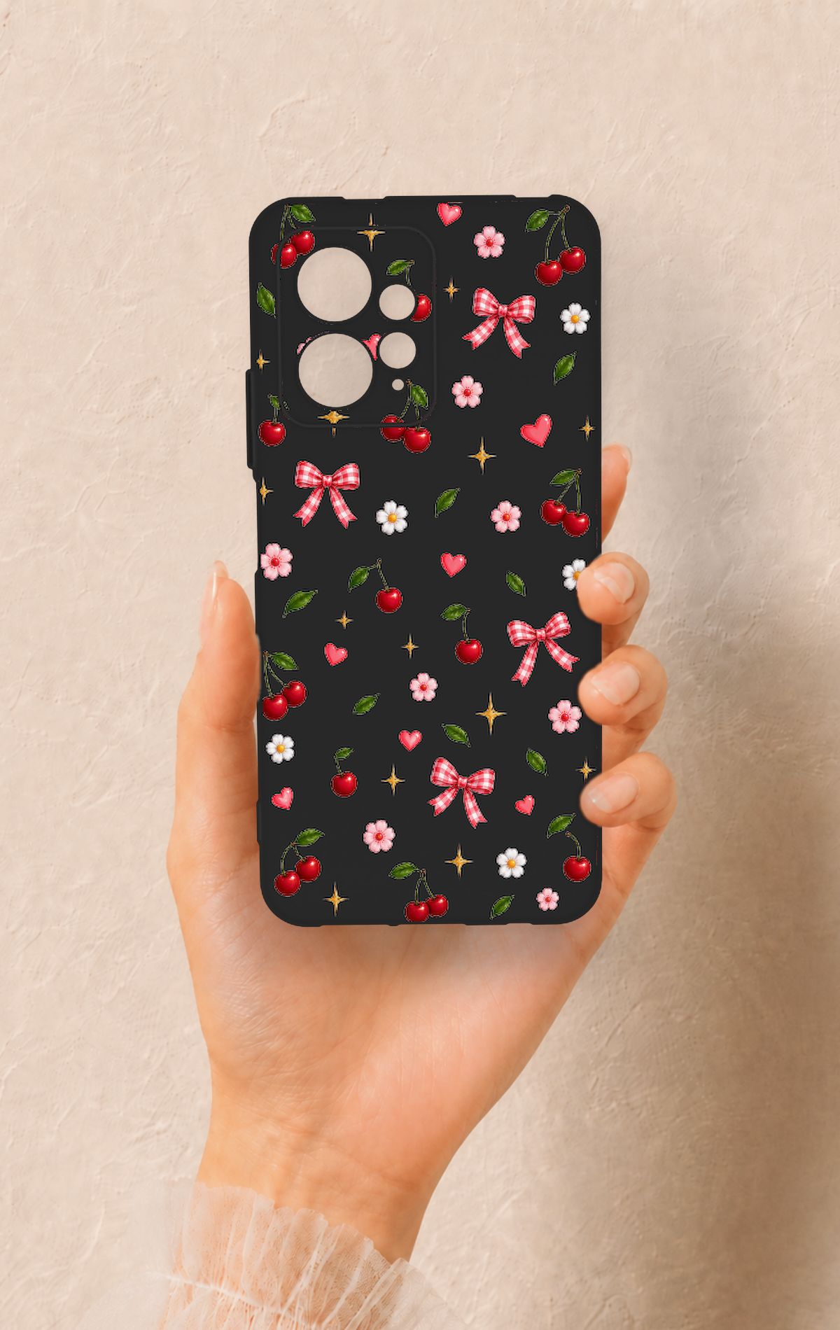 Redmi Note 12 4G Uyumlu Papatya Kiraz Fiyonk Desenli Silikon Kılıf