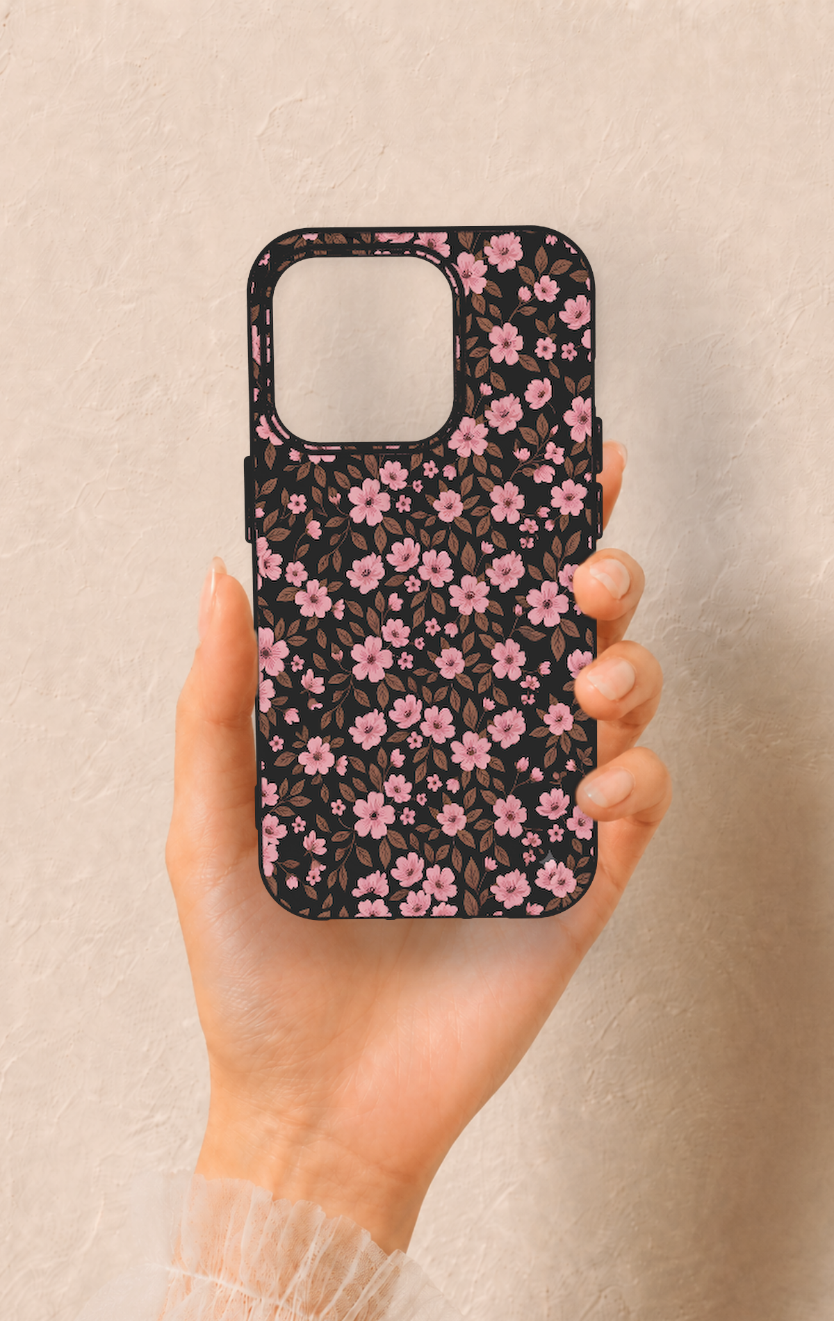 iPhone 15 Pro Uyumlu Mini Pembe Çiçek Desenli Silikon Kılıf