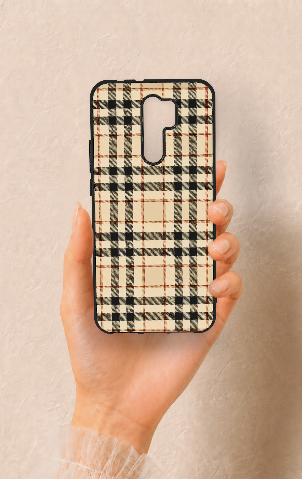 Redmi 9 Uyumlu Karamel Siyah Ekose Desenli Silikon Kılıf