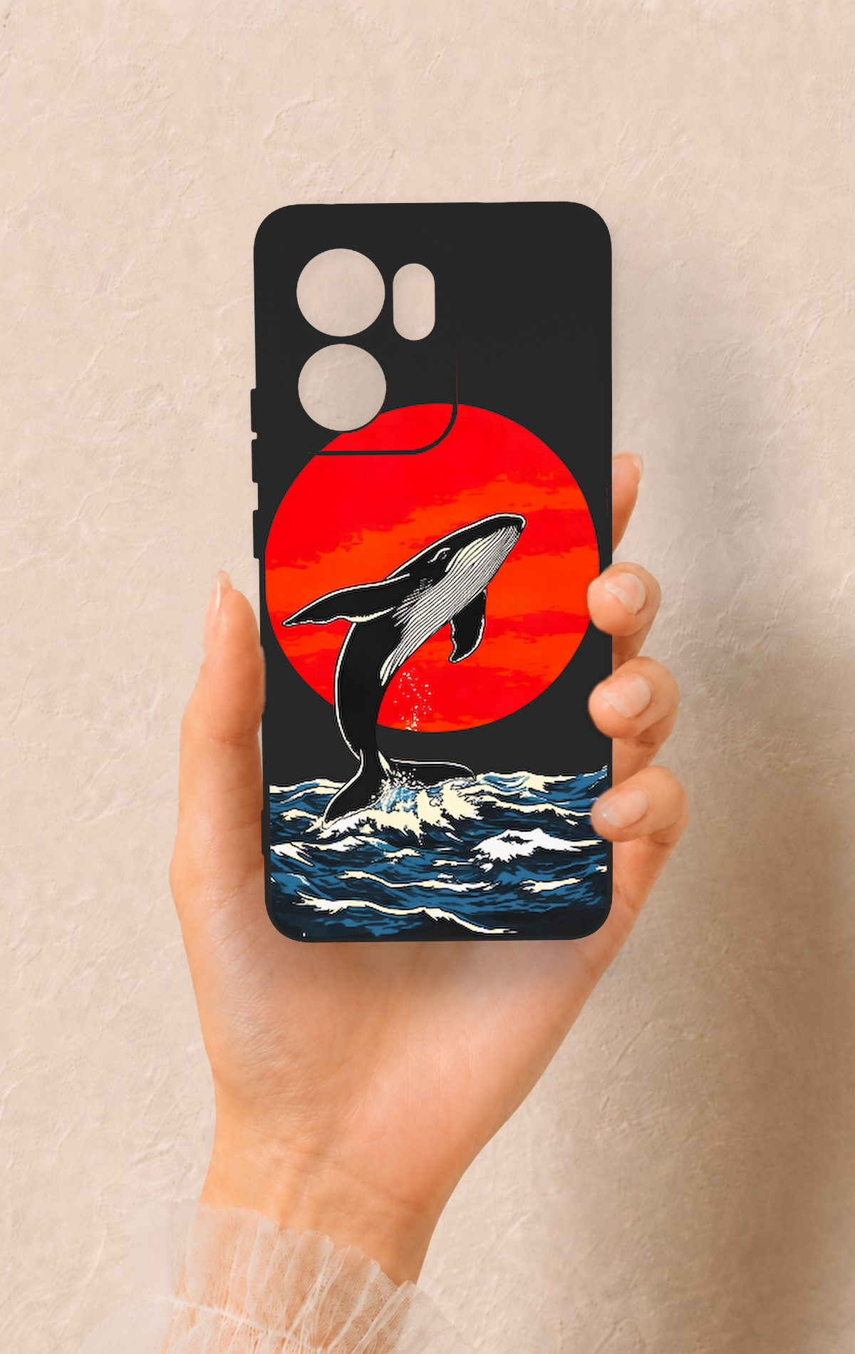 Oppo Reno 13F Uyumlu Kırmızı Güneş Balina Desenli Silikon Kılıf