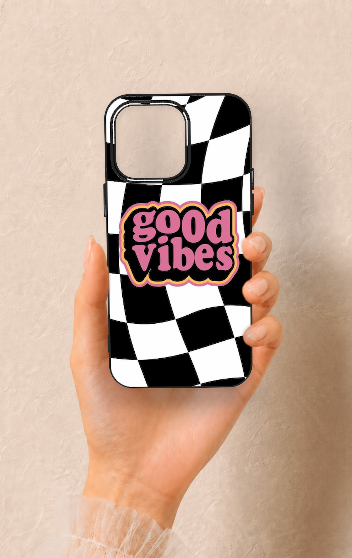 iPhone 15 Pro Max Uyumlu Black Good Vibes Desenli Silikon Kılıf