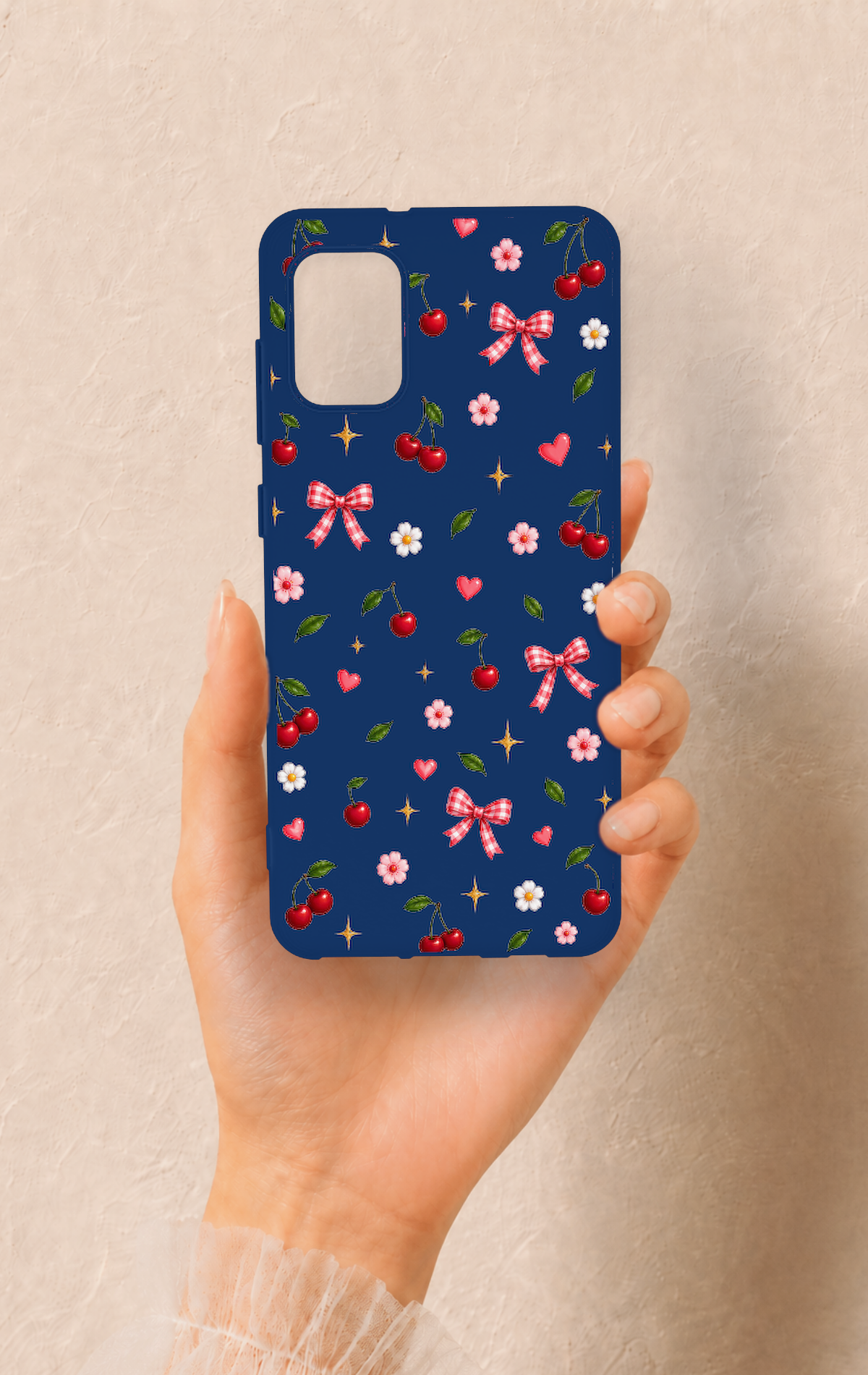 Samsung A31 Uyumlu Çiçek Kiraz Fiyonk Desenli Silikon Kılıf