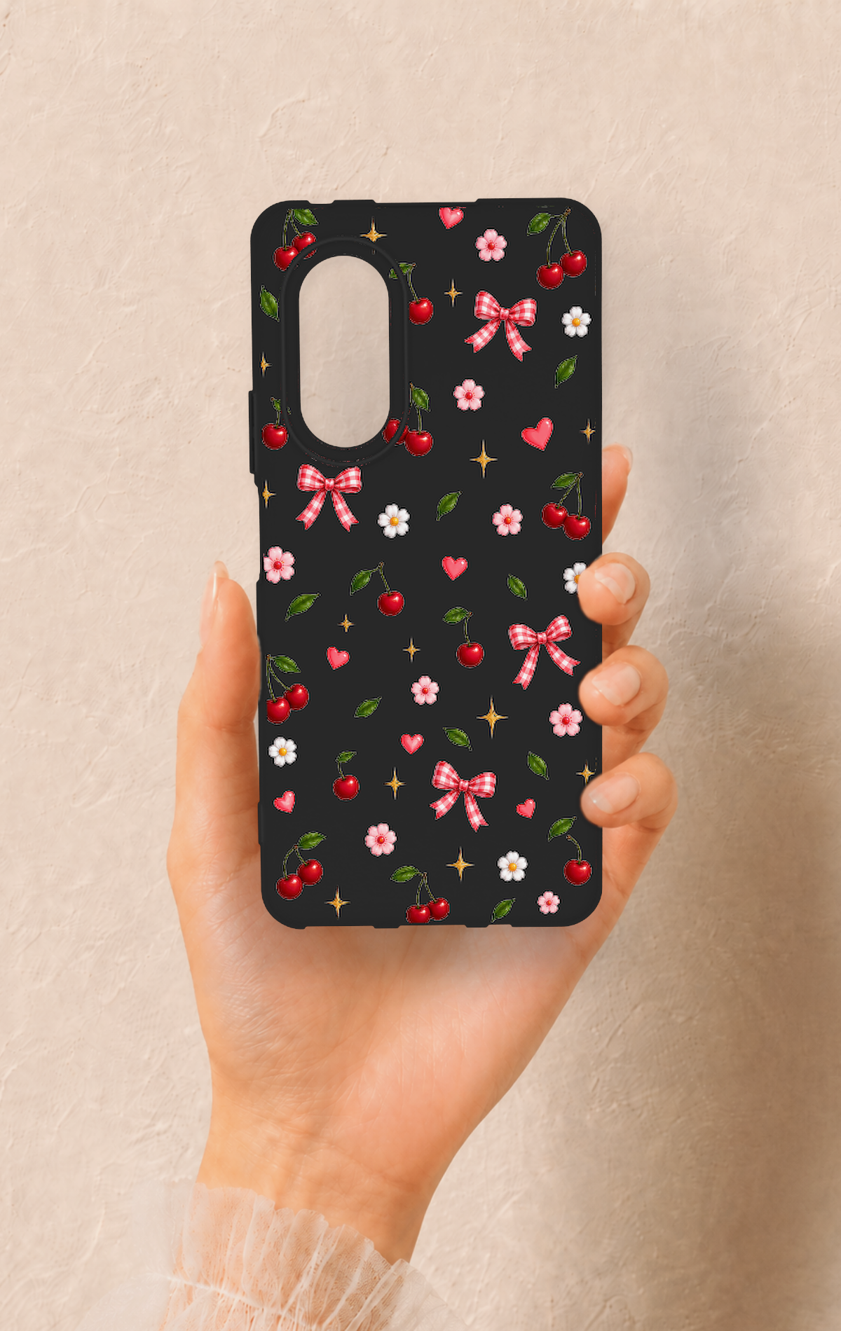 Huawei Nova 9Se Uyumlu Papatya Kiraz Fiyonk Desenli Silikon Kılıf