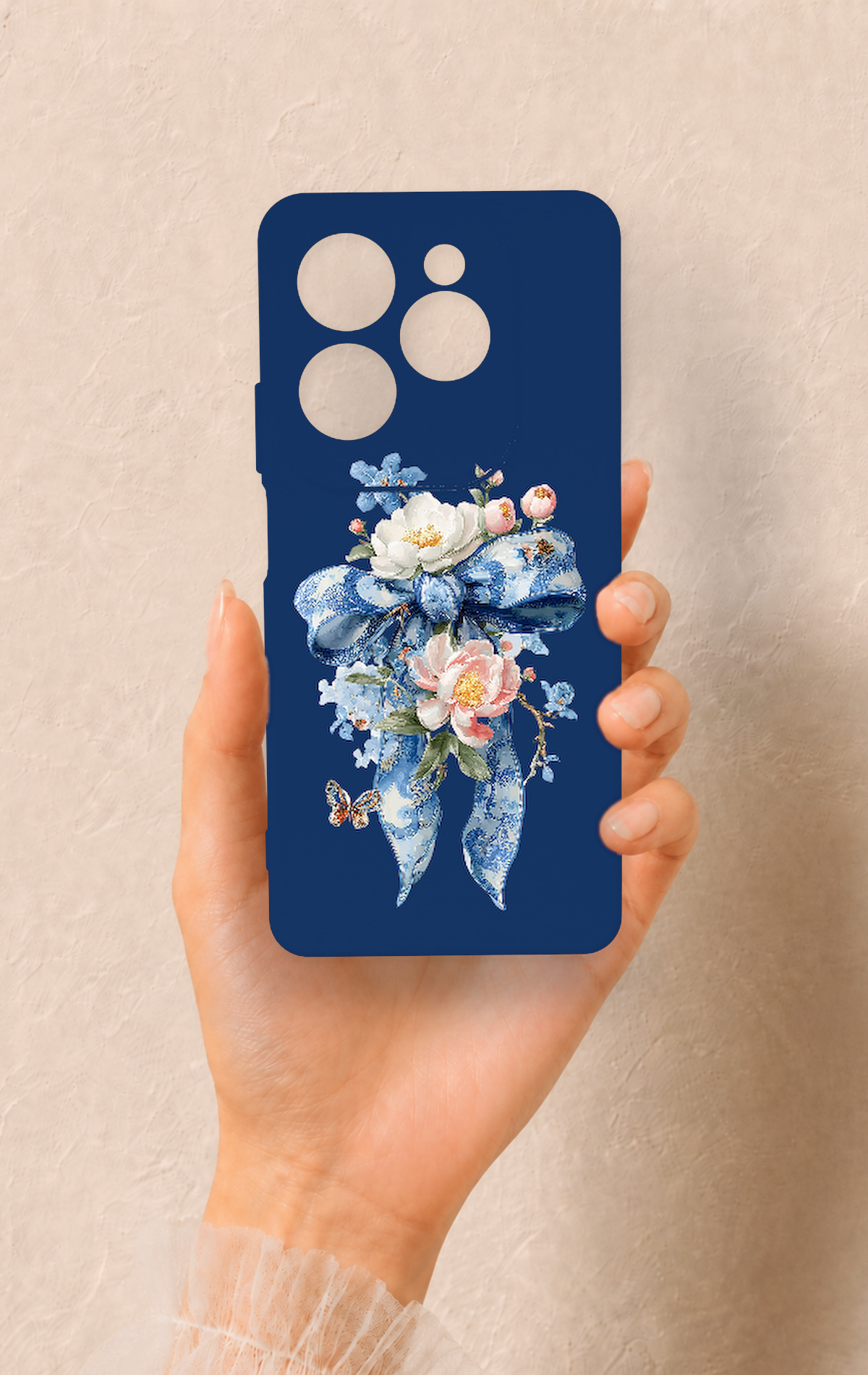 İnfinix Hot 40 Pro Uyumlu Mavi Kurdeleli Çiçek Desenli Silikon Kılıf