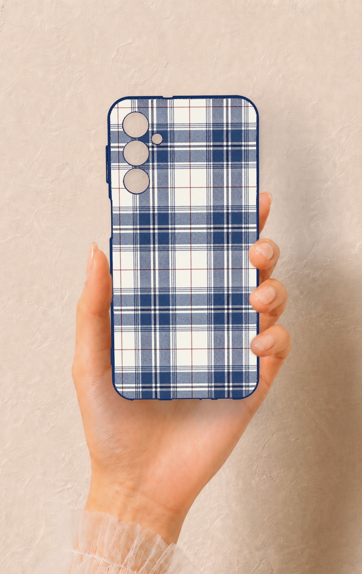 Samsung M34 Uyumlu Bej Lacivert Ekose Desenli Silikon Kılıf
