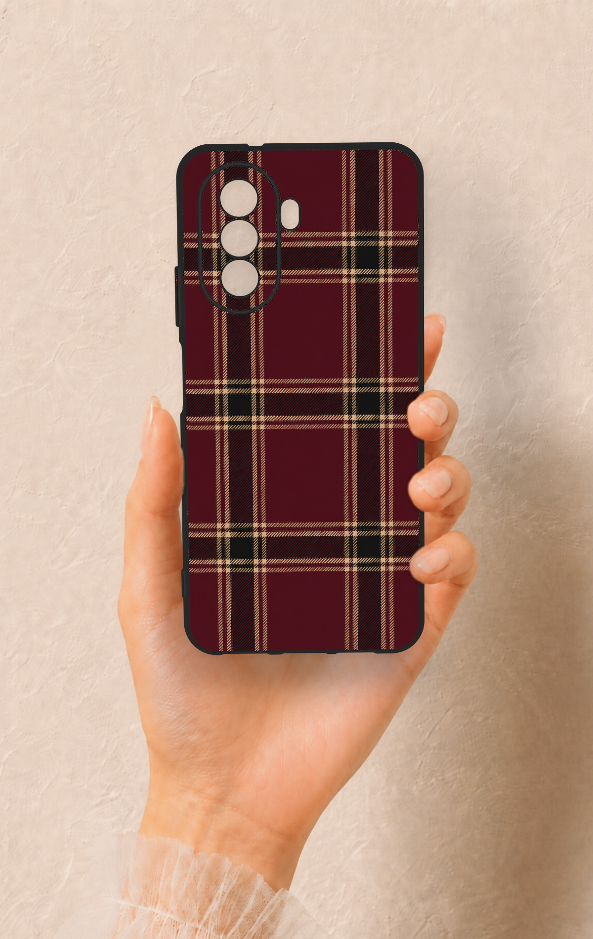 Huawei Nova Y70 Uyumlu Bordo Siyah Ekose Desenli Silikon Kılıf