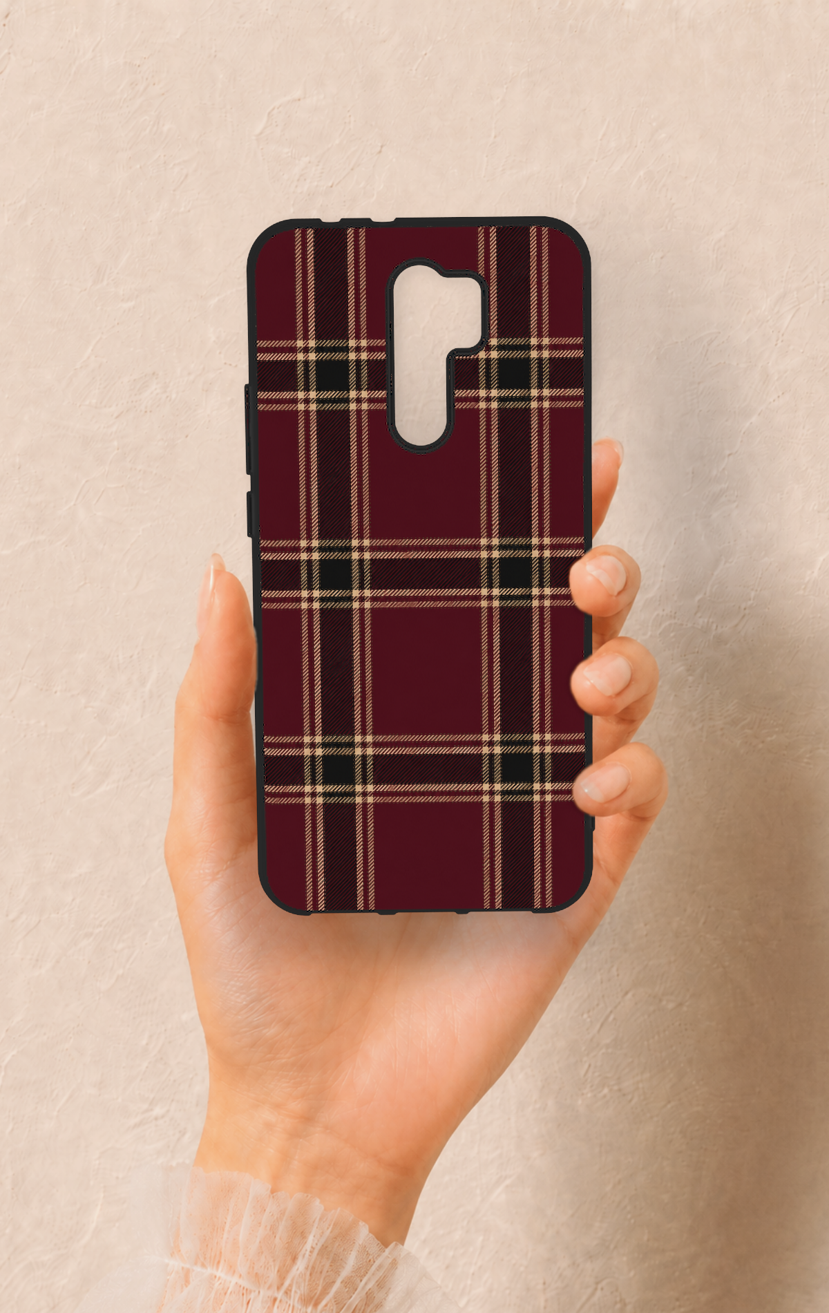 Redmi 9 Uyumlu Bordo Siyah Ekose Desenli Silikon Kılıf