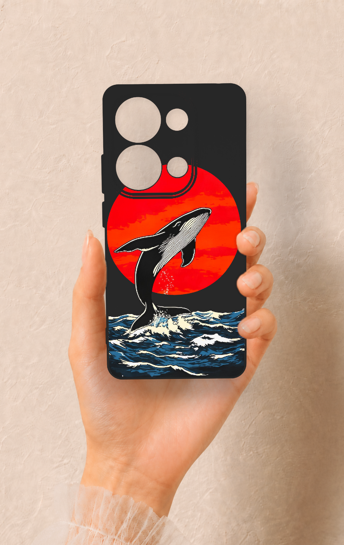 Redmi Note 13 Pro 4G Uyumlu Kırmızı Güneş Balina Desenli Silikon Kılıf