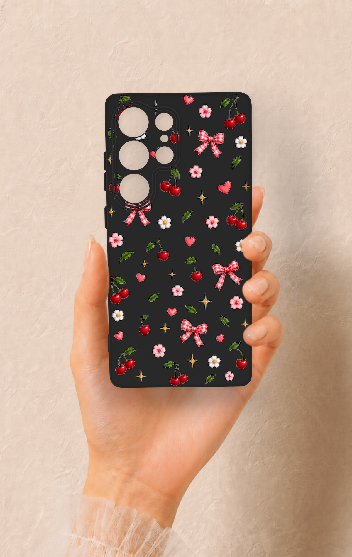 Samsung S25 Ultra Uyumlu Papatya Kiraz Fiyonk Desenli Silikon Kılıf