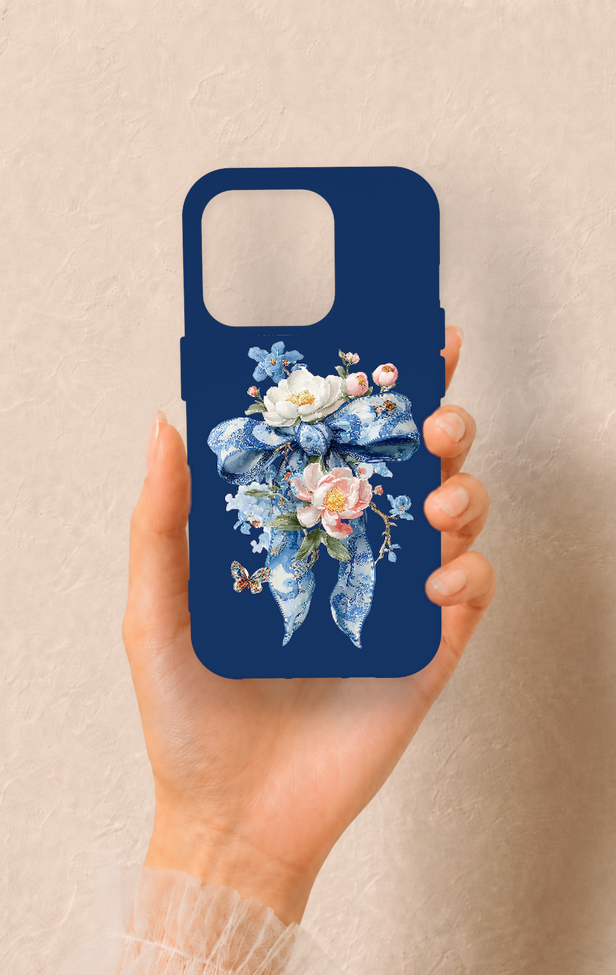 iPhone 15 Pro Uyumlu Mavi Kurdeleli Çiçek Desenli Silikon Kılıf