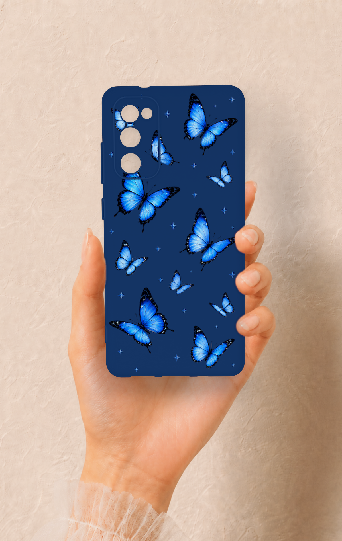Samsung S20Fe Uyumlu Parlak Mavi Kelebek Desenli Silikon Kılıf