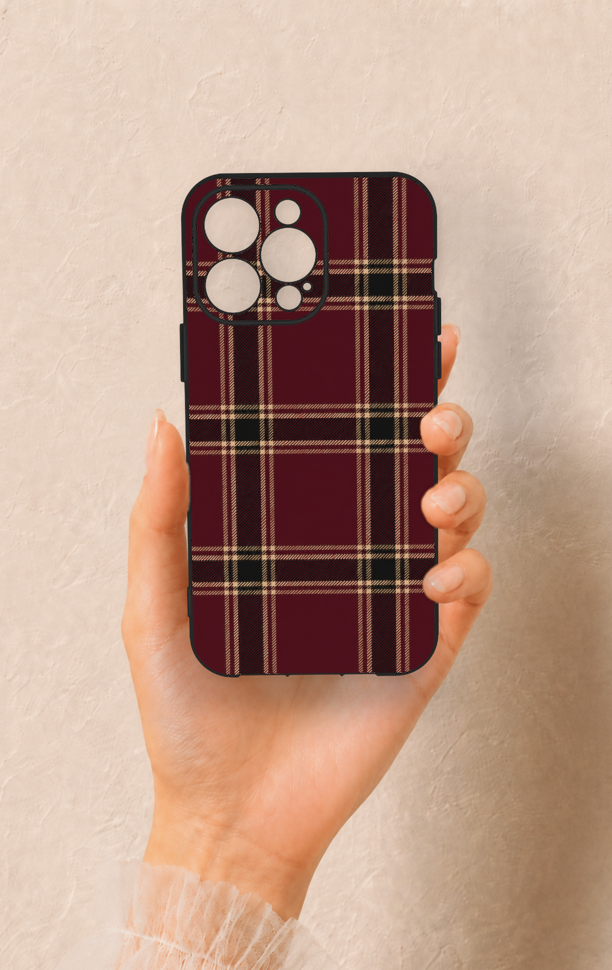iPhone 13 Pro Max Uyumlu Bordo Siyah Ekose Desenli Silikon Kılıf