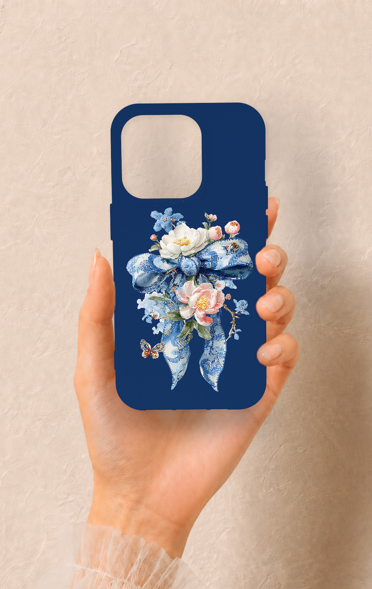 iPhone 14 Pro Uyumlu Mavi Kurdeleli Çiçek Desenli Silikon Kılıf