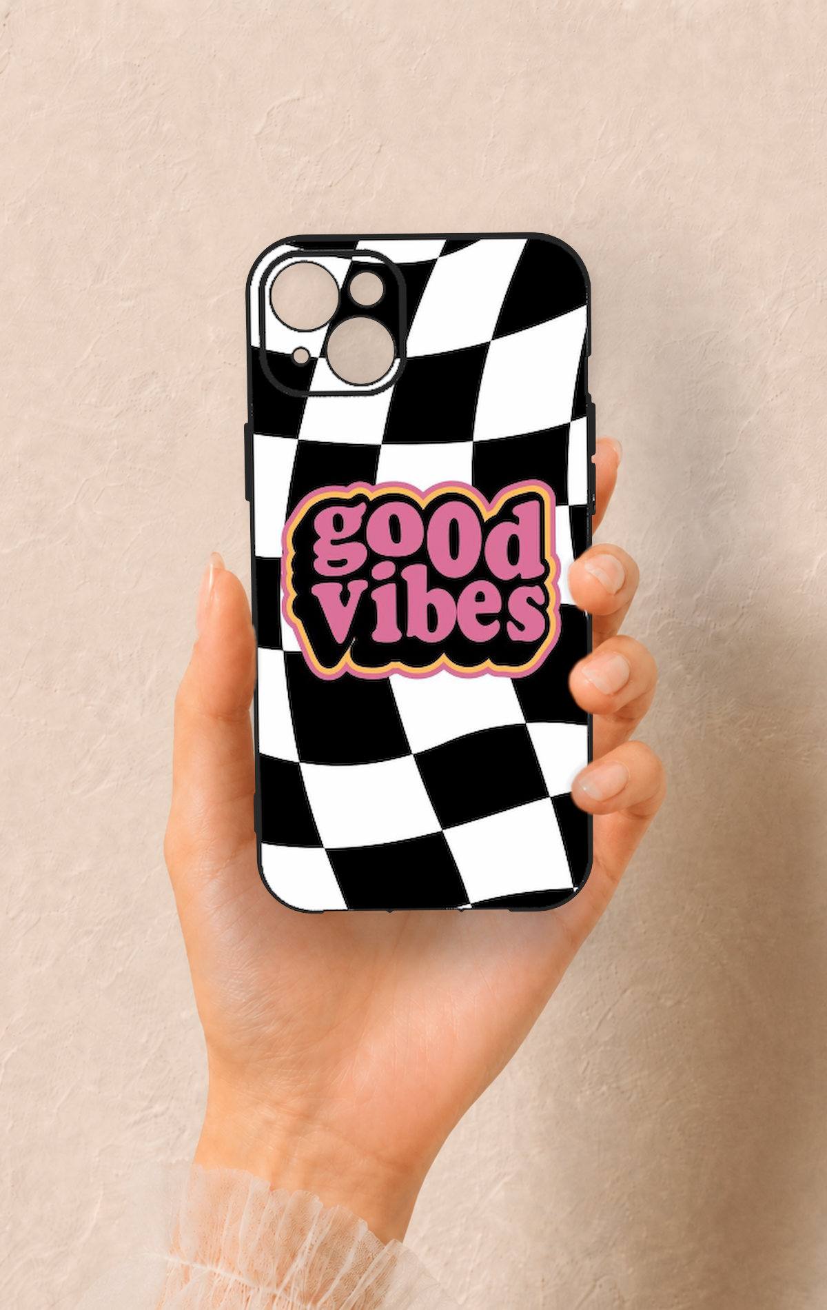 iPhone 14 Plus/15 Plus Uyumlu Black Good Vibes Desenli Silikon Kılıf
