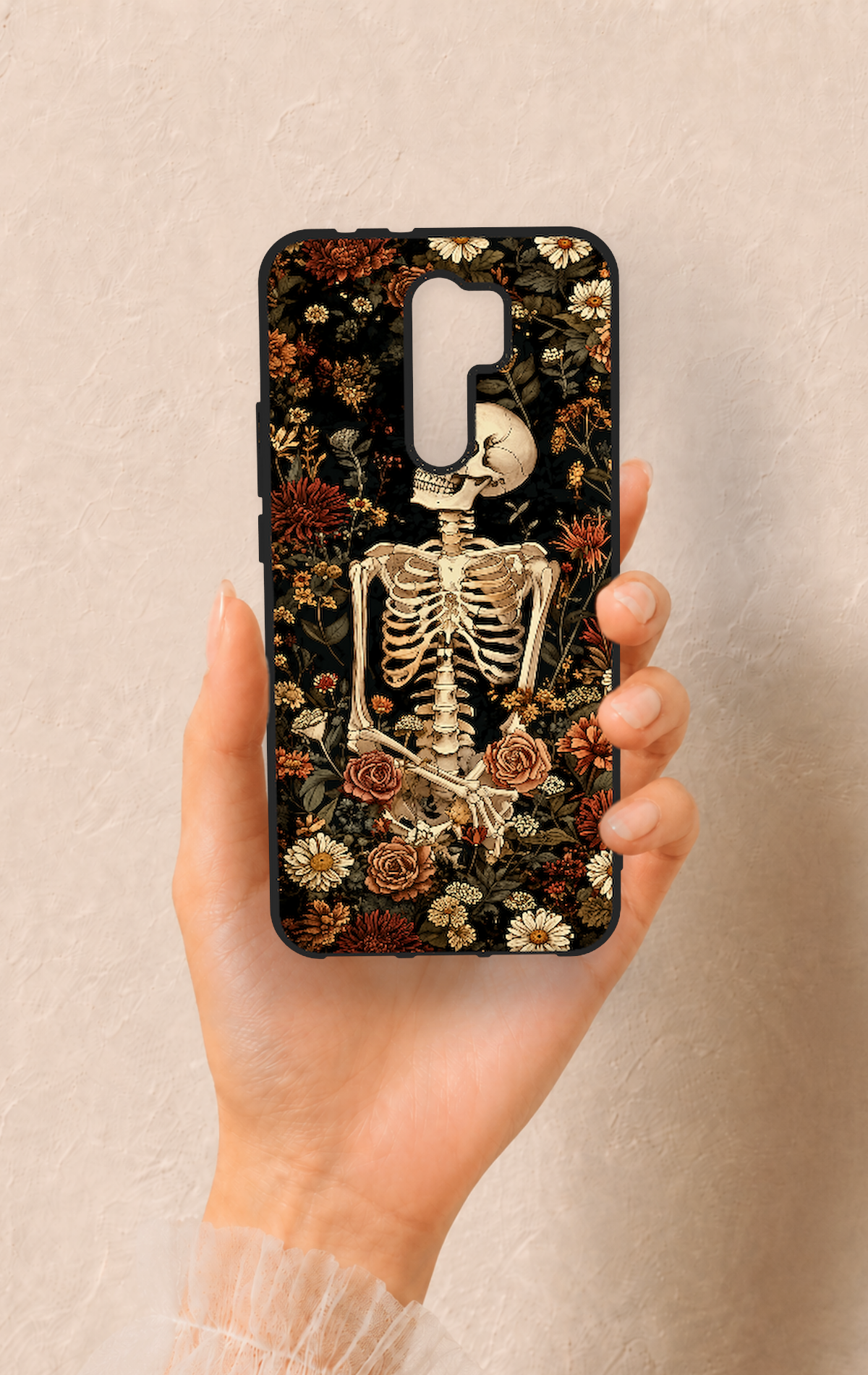 Redmi 9 Uyumlu Çiçek İskelet Desenli Silikon Kılıf