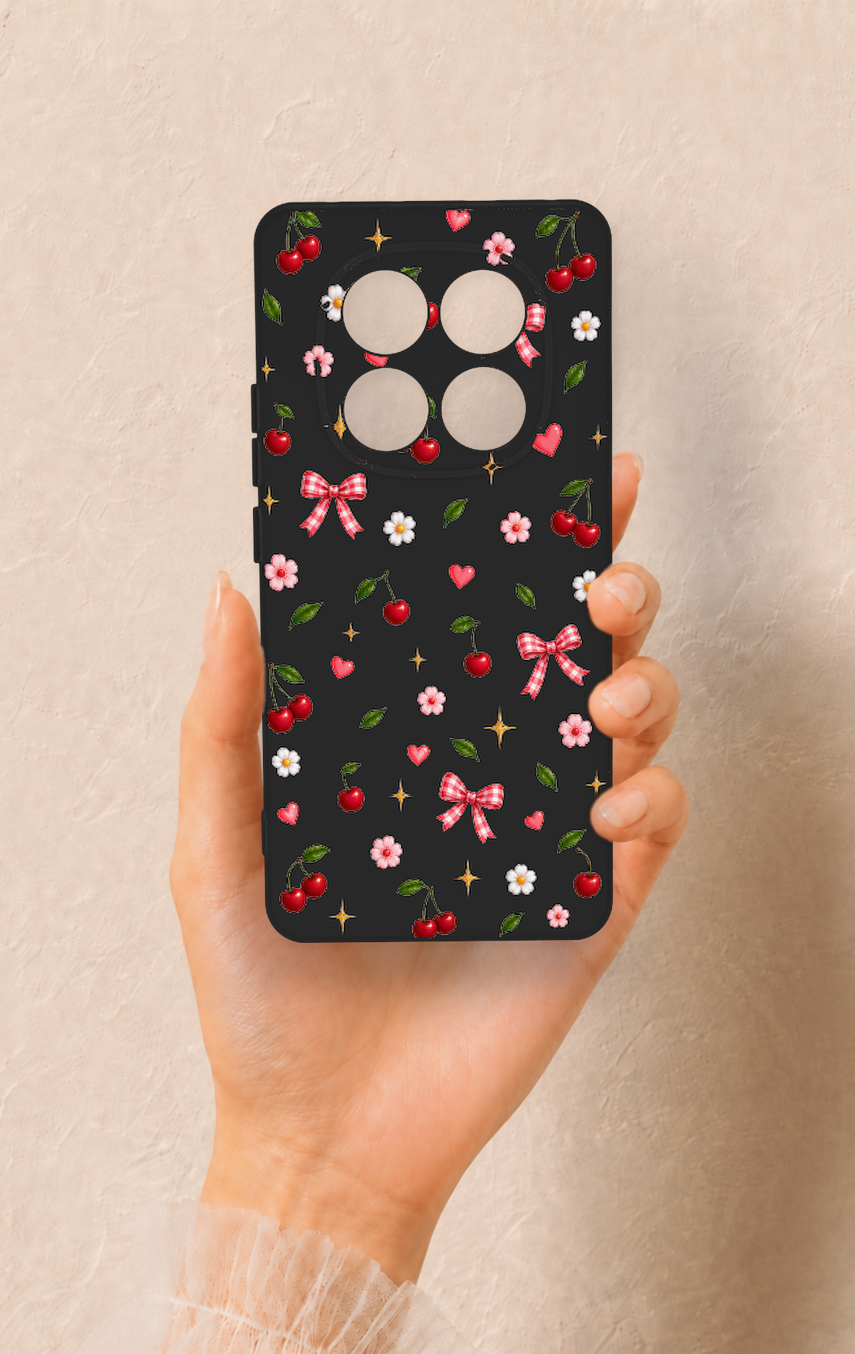 Redmi Note 14 Pro 5G Uyumlu Papatya Kiraz Fiyonk Desenli Silikon Kılıf