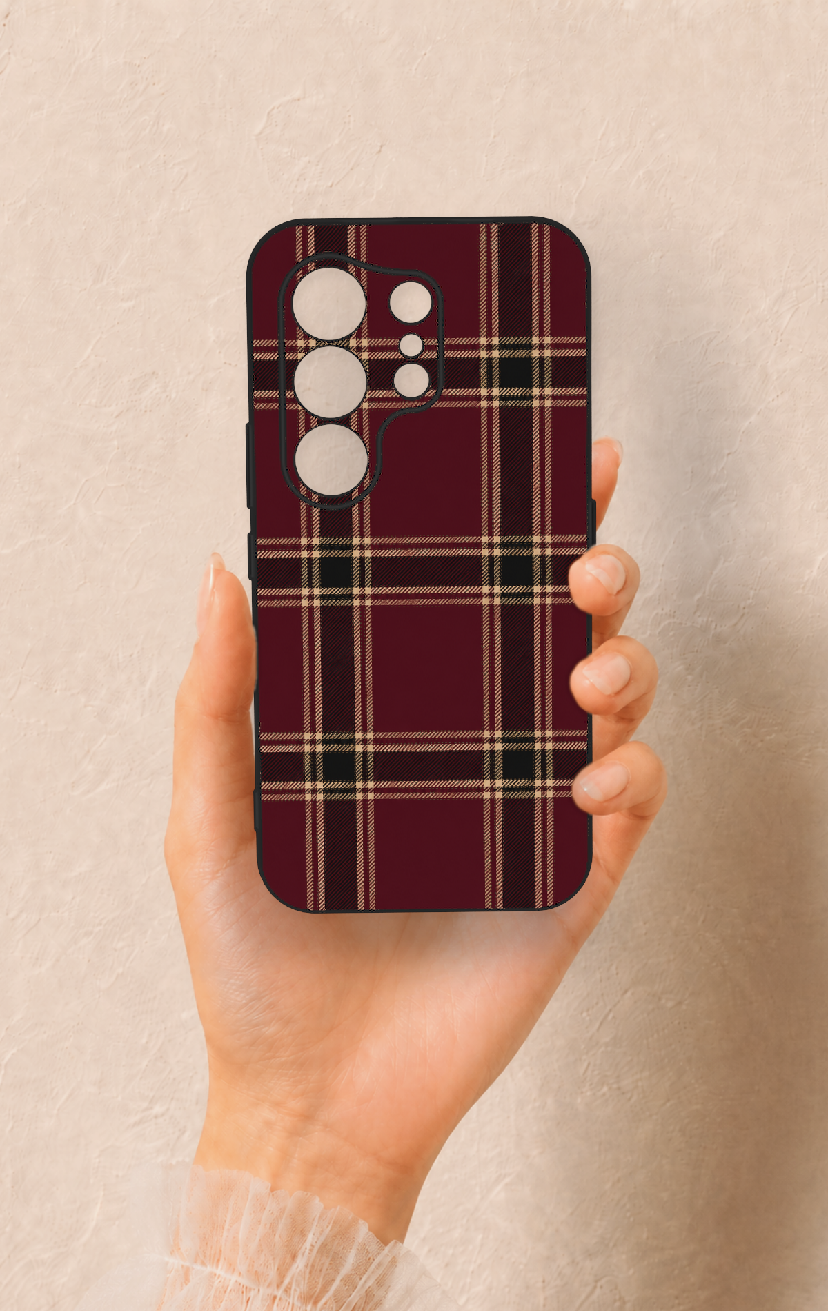 Tecno Camon 50 4G Uyumlu Bordo Siyah Ekose Desenli Silikon Kılıf