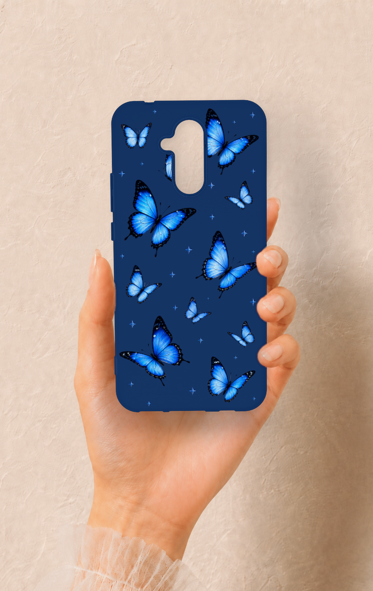 Huawei Mate 20 Lite Uyumlu Parlak Mavi Kelebek Desenli Silikon Kılıf