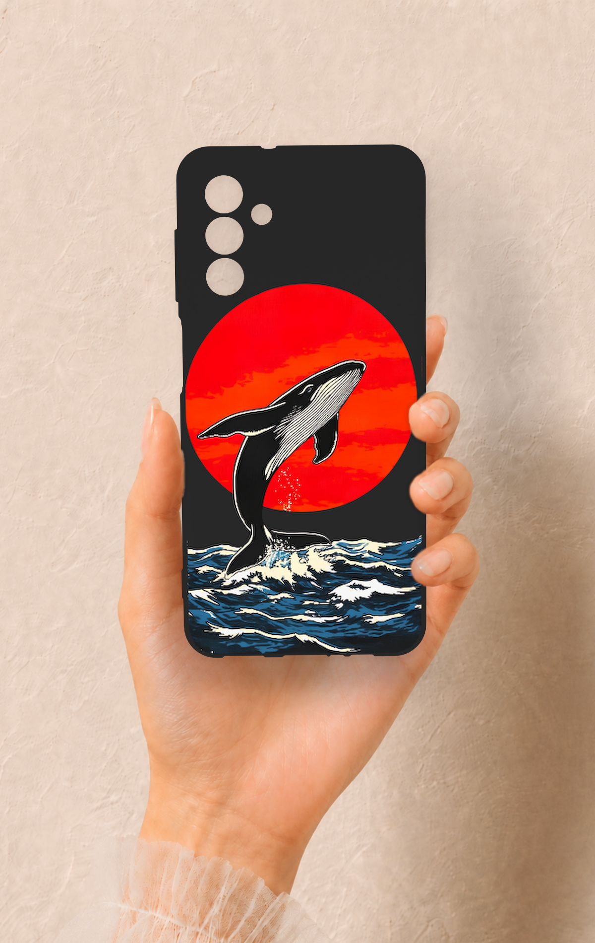 Samsung A04S Uyumlu Kırmızı Güneş Balina Desenli Silikon Kılıf
