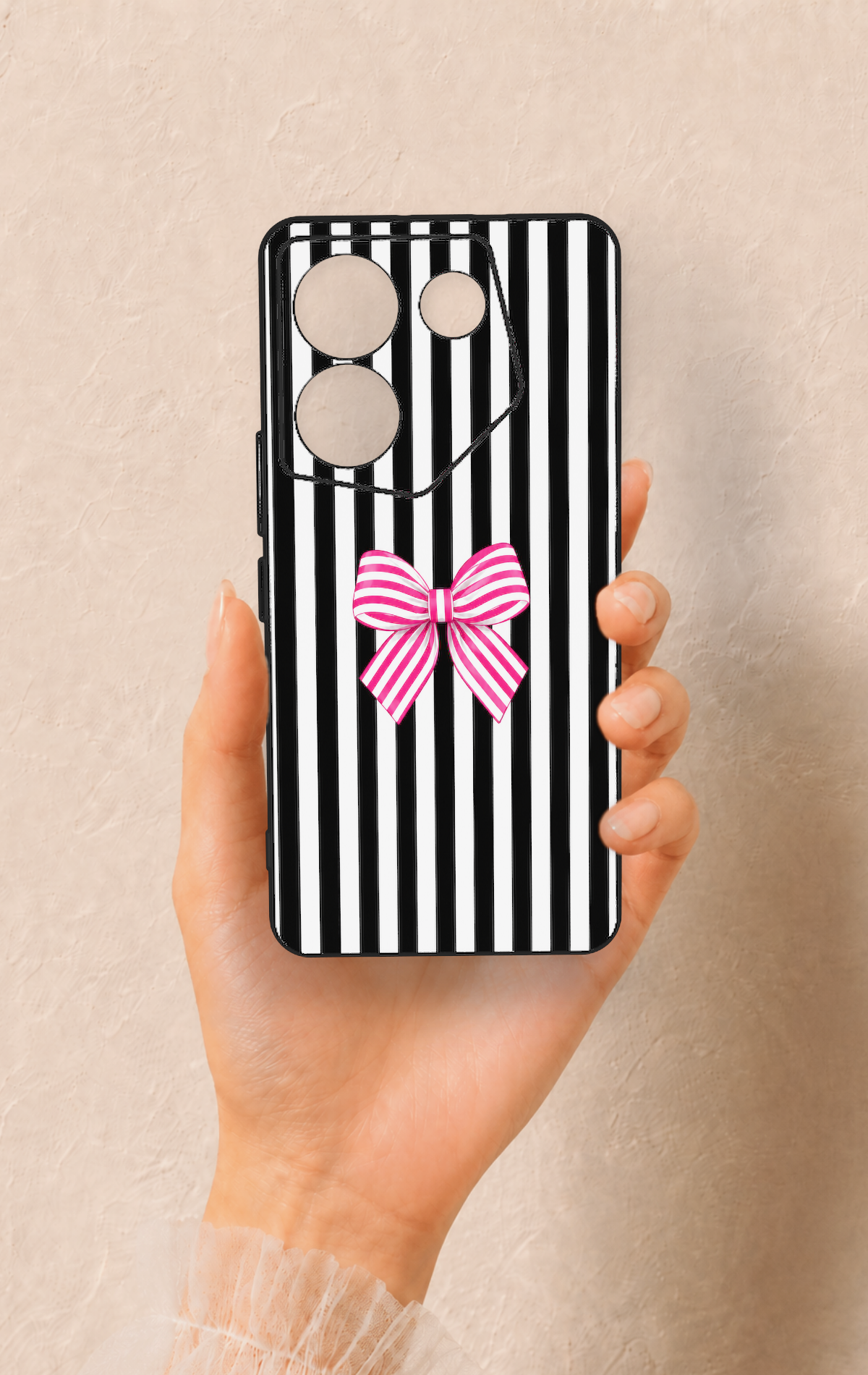 Tecno Camon 20 Pro Uyumlu Pembe Beyaz Kurdele Desenli Silikon Kılıf