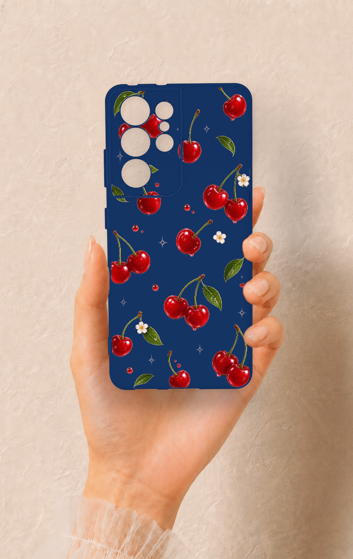 Samsung S21 Ultra Uyumlu Kiraz Papatya Desenli Silikon Kılıf