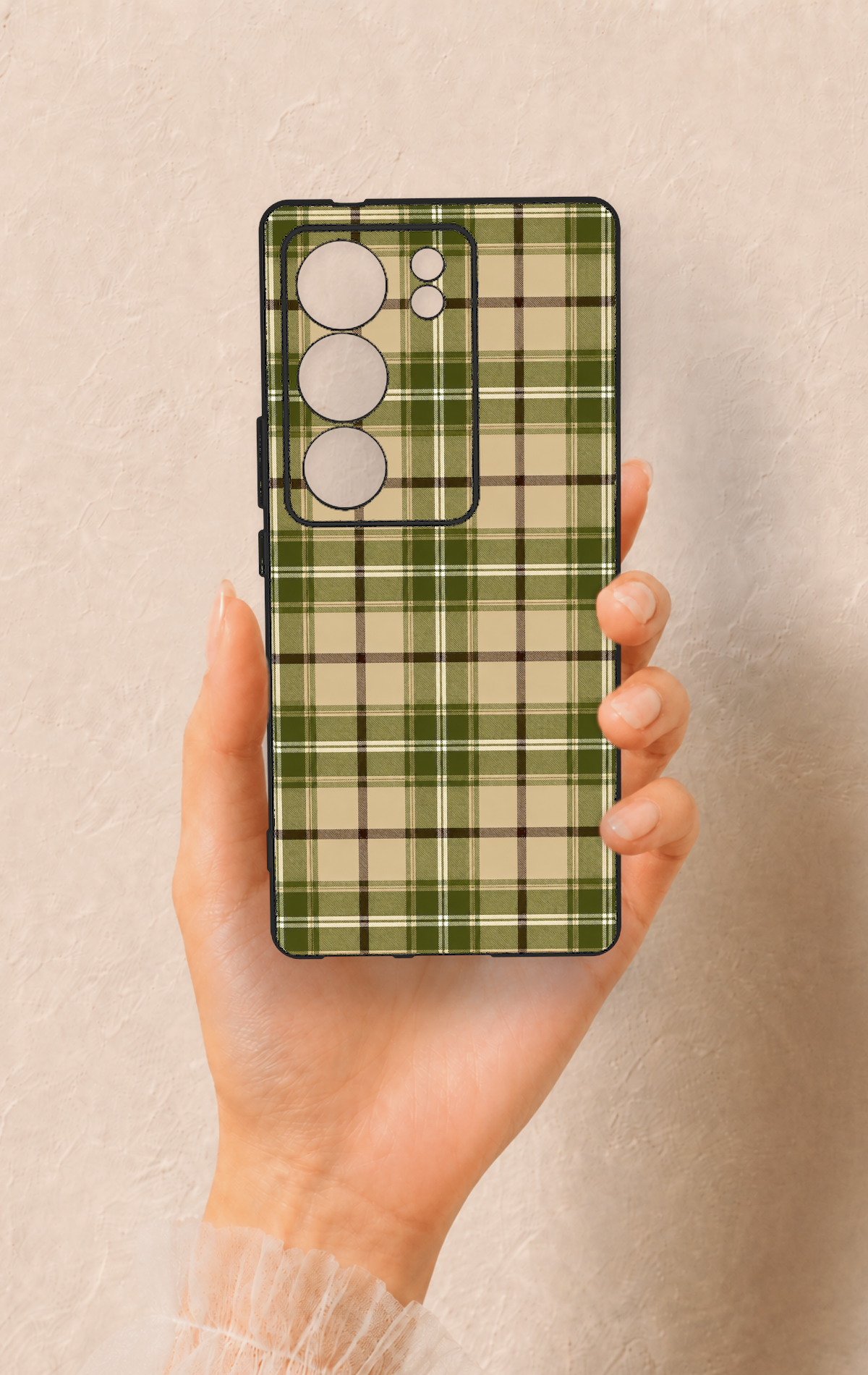 Vivo V29 Uyumlu Zeytin Yeşili Ekose Desenli Silikon Kılıf