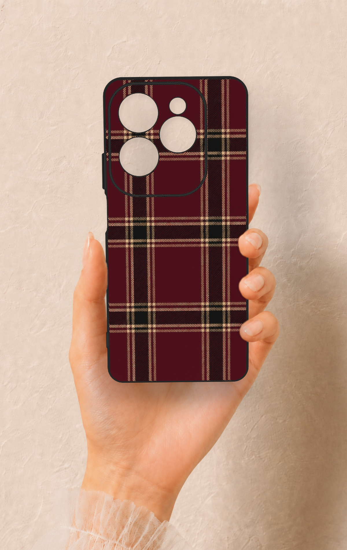 İnfinix Hot 40 Pro Uyumlu Bordo Siyah Ekose Desenli Silikon Kılıf