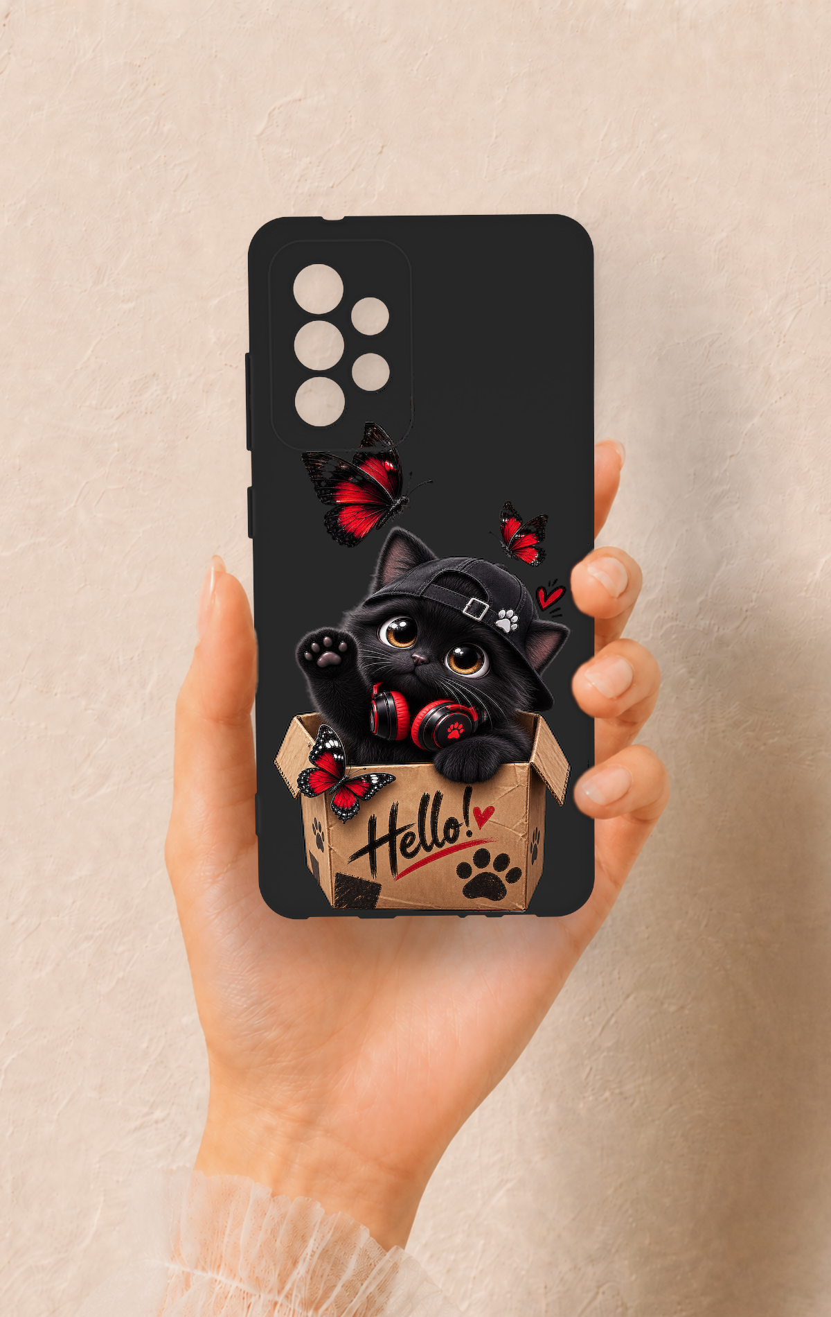 Samsung A52 Uyumlu Hello Cat Desenli Silikon Kılıf