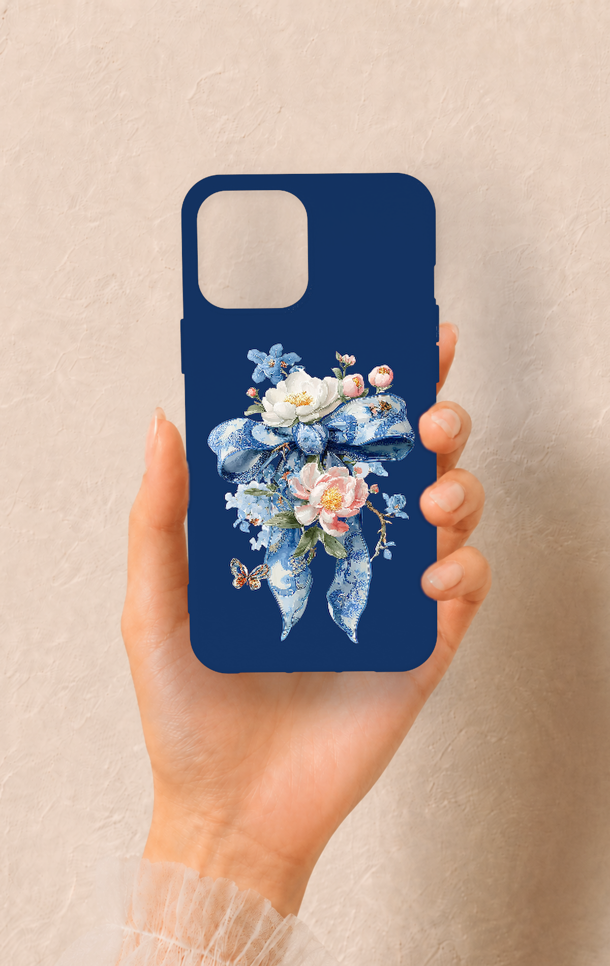 iPhone 12 Pro Max Uyumlu Mavi Kurdeleli Çiçek Desenli Silikon Kılıf