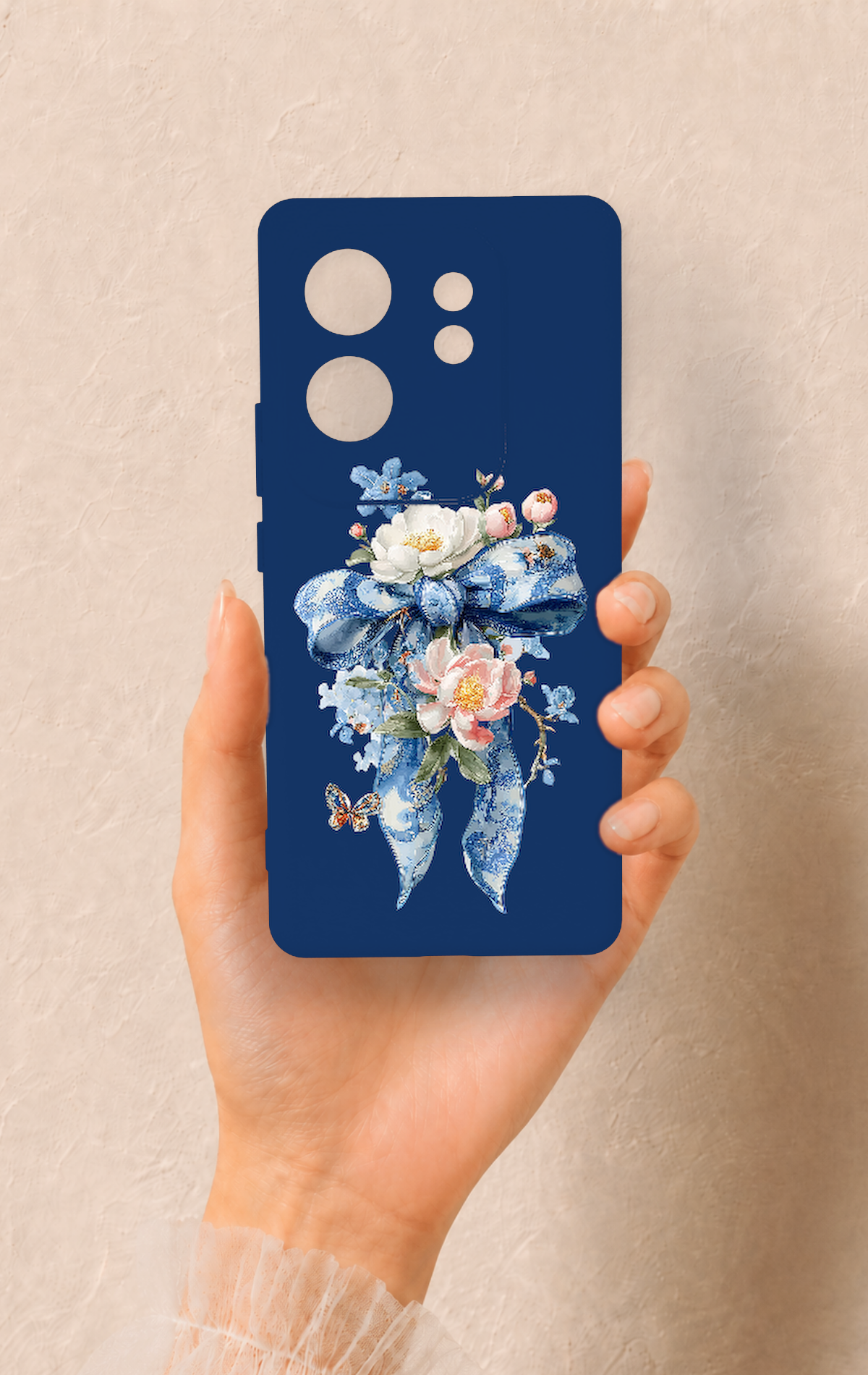 İnfinix Zero 30 Uyumlu Mavi Kurdeleli Çiçek Desenli Silikon Kılıf