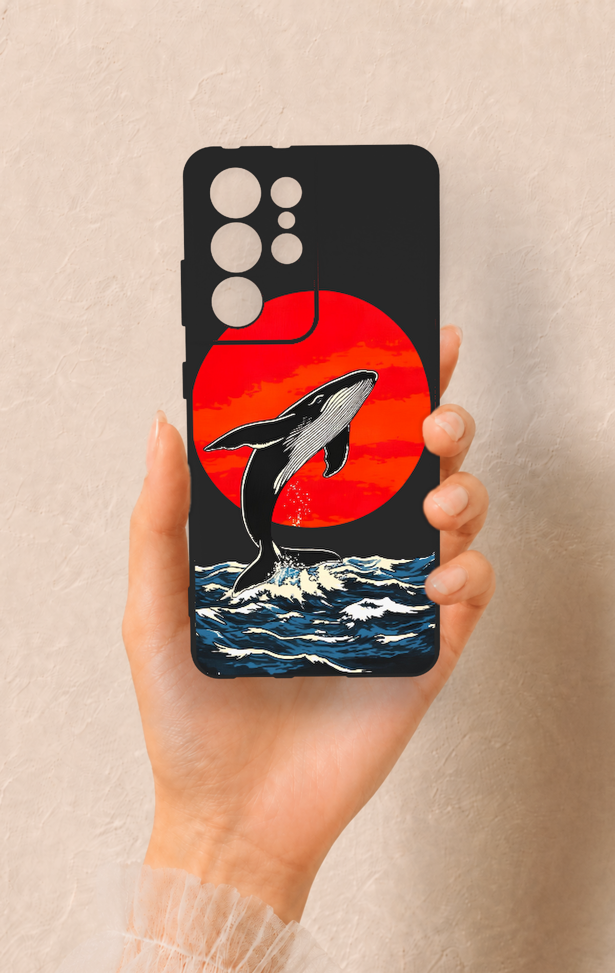 Samsung S21 Ultra Uyumlu Kırmızı Güneş Balina Desenli Silikon Kılıf
