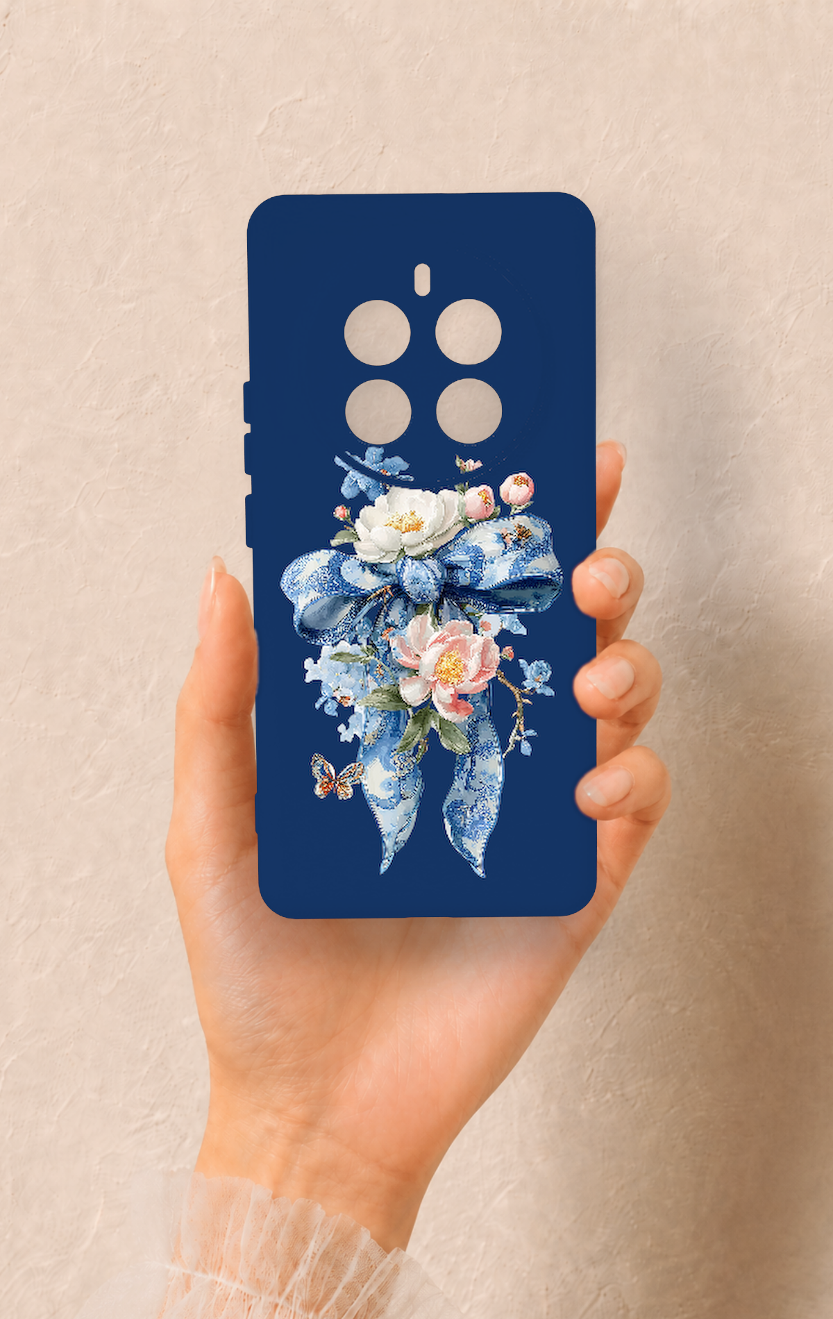 Realme 12 Pro Uyumlu Mavi Kurdeleli Çiçek Desenli Silikon Kılıf