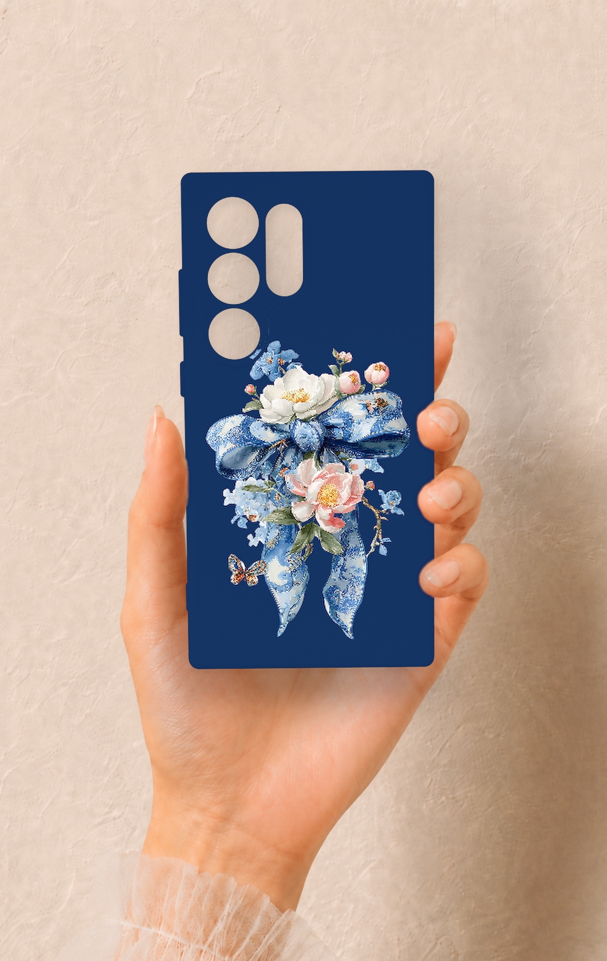 Samsung S24 Ultra Uyumlu Mavi Kurdeleli Çiçek Desenli Silikon Kılıf