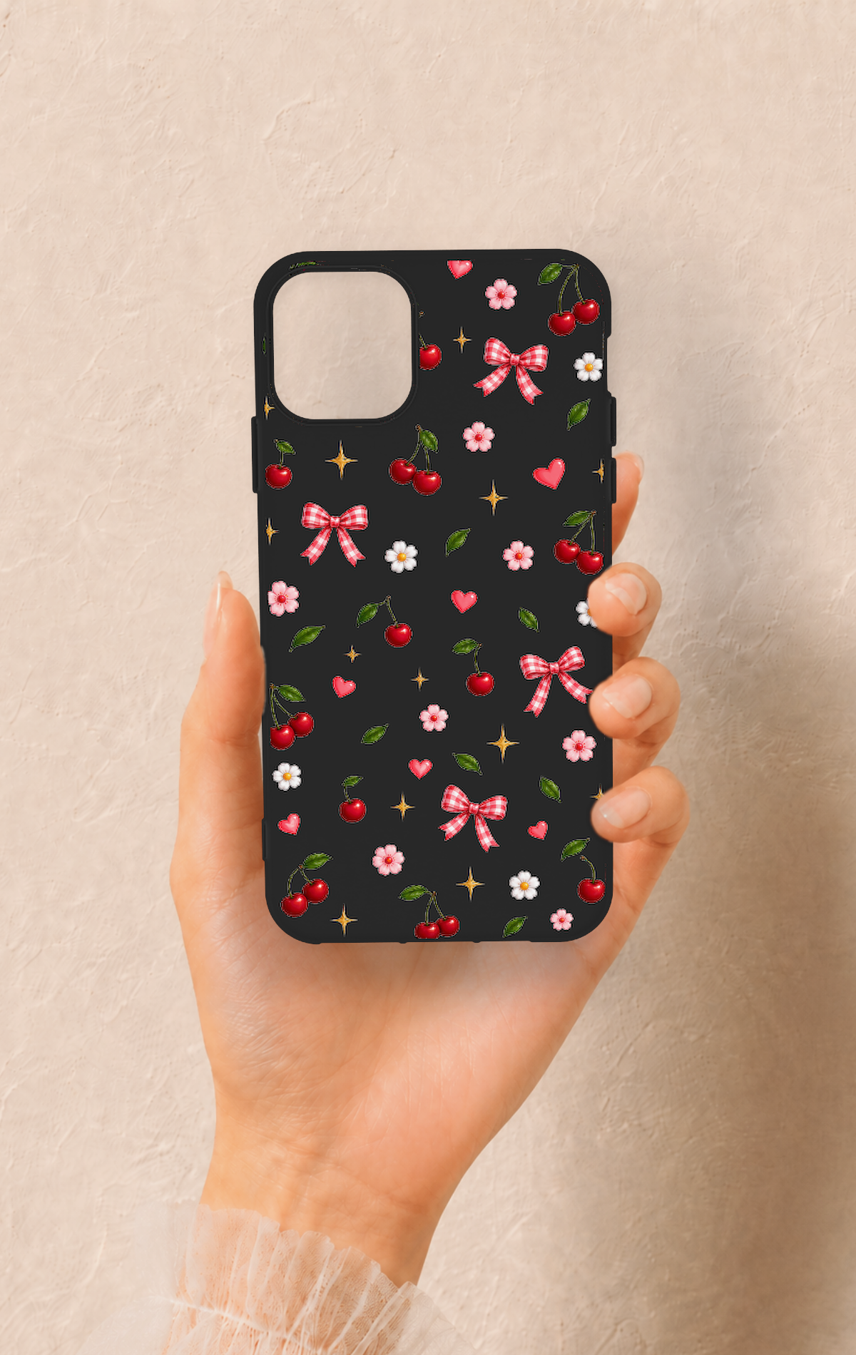 iPhone 11 Pro Max Uyumlu Papatya Kiraz Fiyonk Desenli Silikon Kılıf