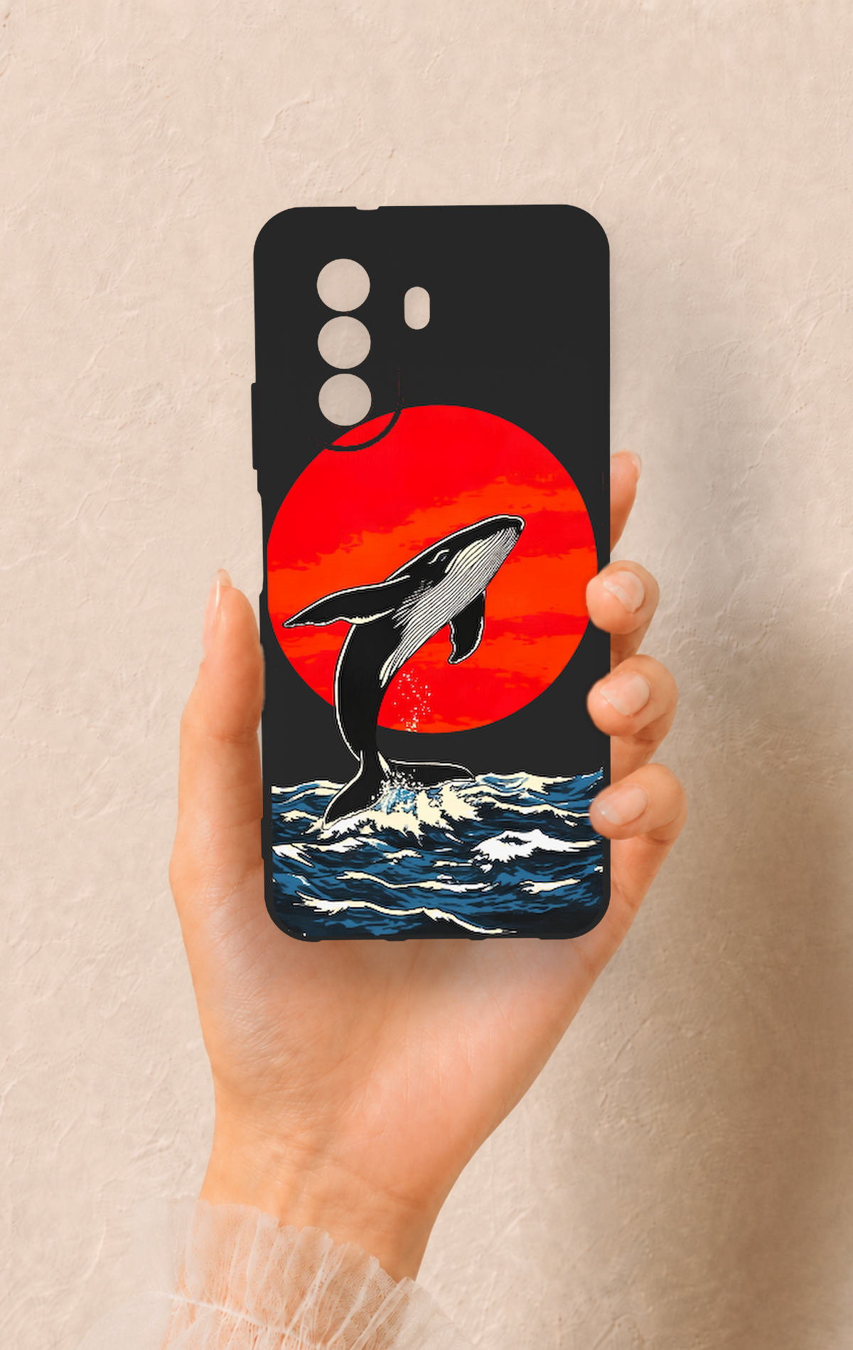 Huawei Nova Y70 Uyumlu Kırmızı Güneş Balina Desenli Silikon Kılıf