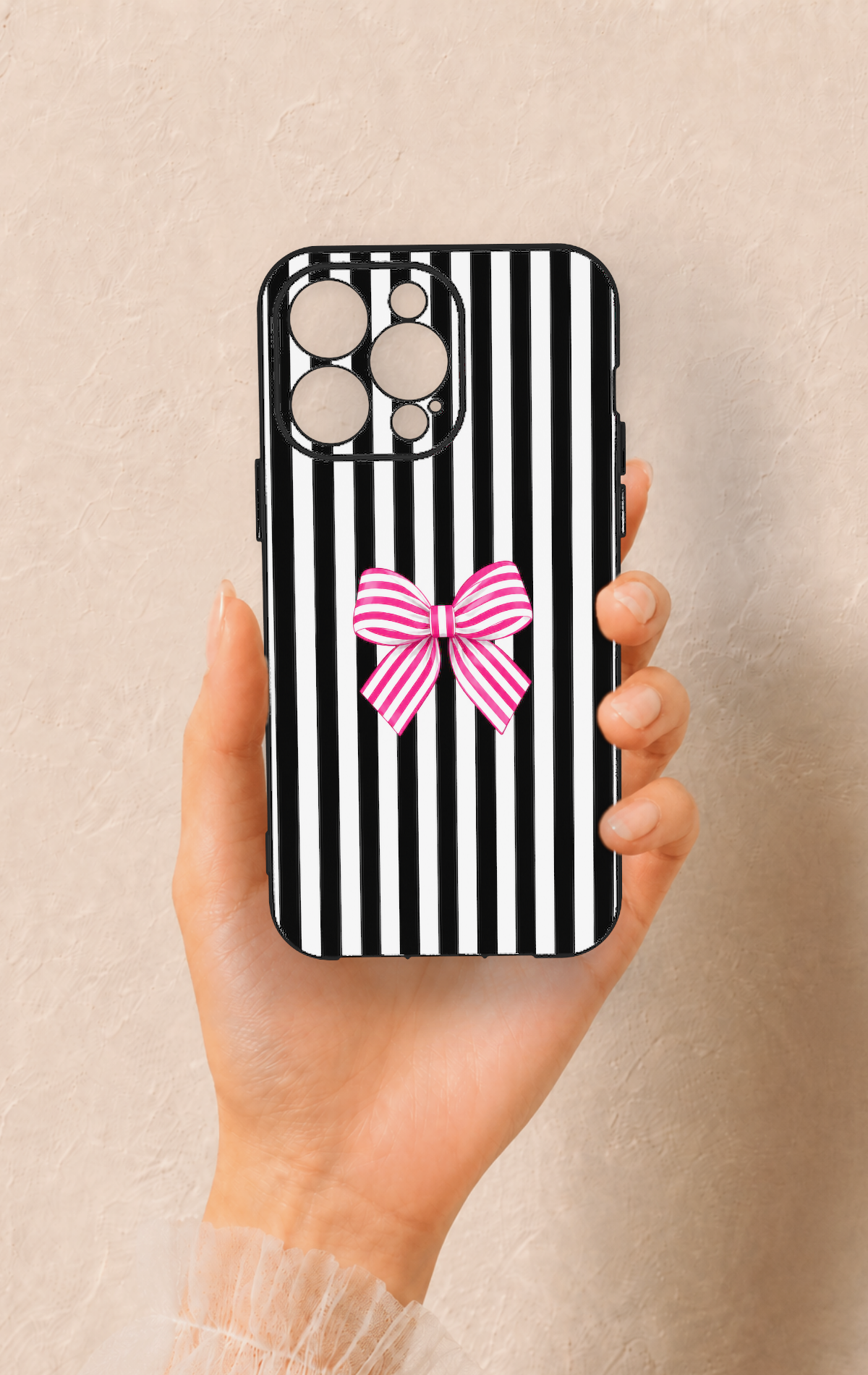 iPhone 13 Pro Max Uyumlu Pembe Beyaz Kurdele Desenli Silikon Kılıf